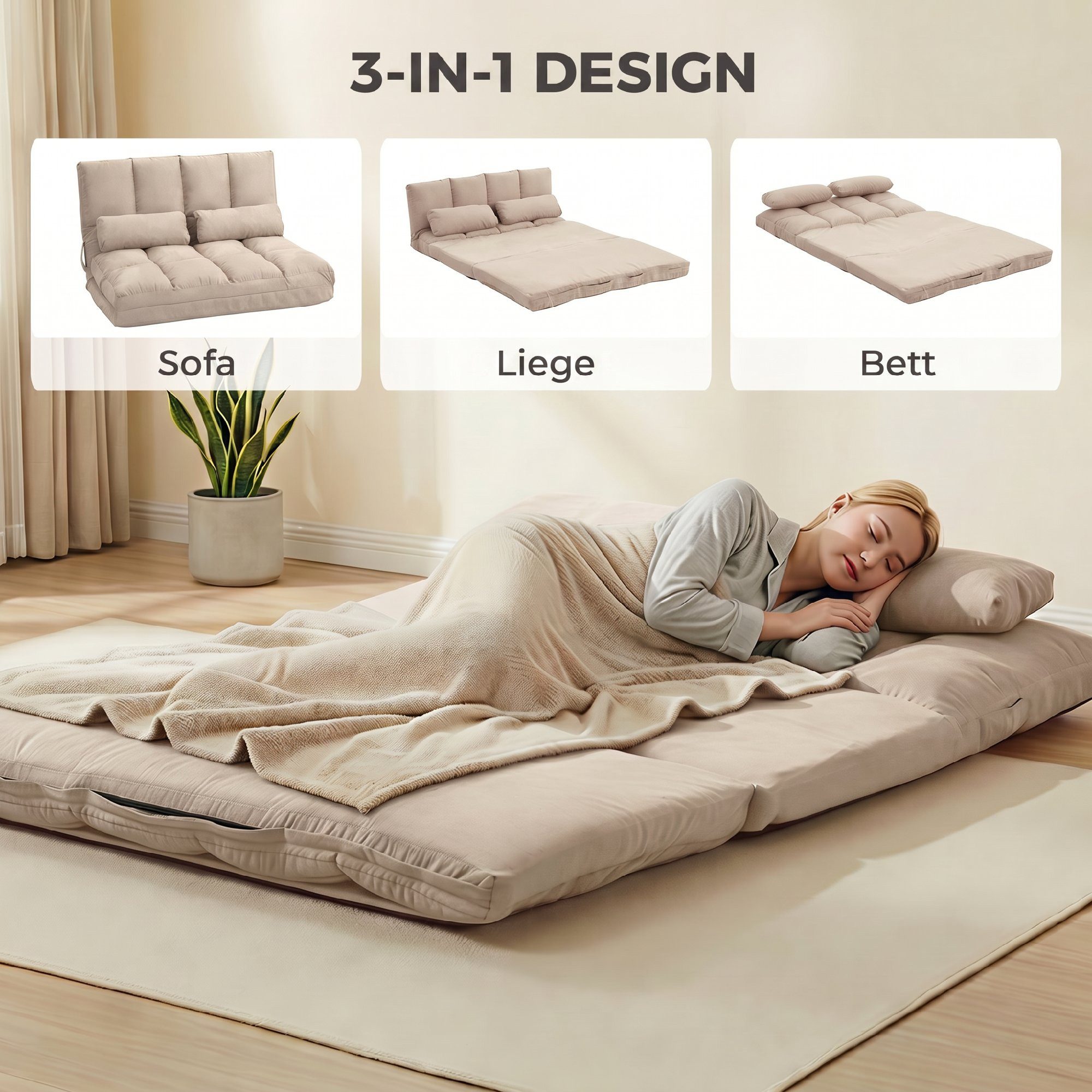 HOMCOM Relaxsessel Bodenstuhl Bodensessel mit Liegefunktion VerstellbarerRückenlehne (Klappbett, 1-St., 2-in-1 Bodensessel), für Schlafzimmer, Wohnzimmer, Beige – Bild 5 von 5