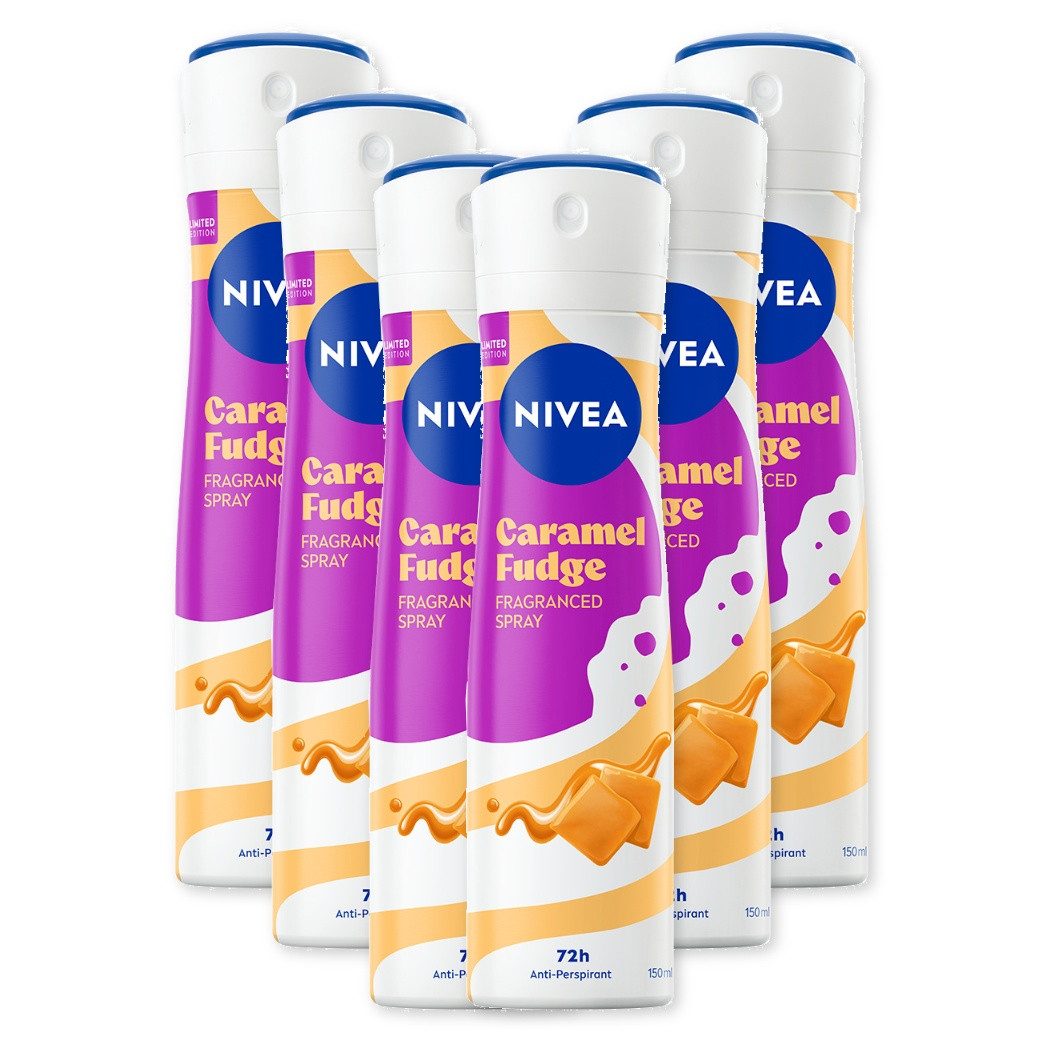 Nivea Deo-Spray Deo Caramel Fudge 6x150ml 72‑h‑Anti-Transpirant‑Schutz Limited Edition, Set, 6-tlg., Warmer Duft nach cremigem, gesalzenem Karamell-Fudge