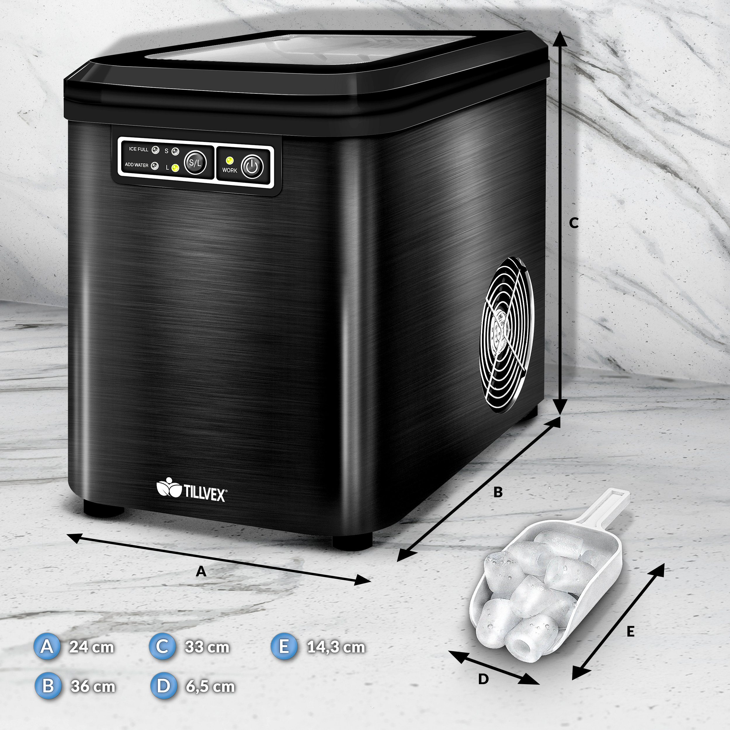 tillvex Eiswürfelmaschine 2,2 Liter Wassertank Ice-Maker LED-Display & Selbstreinigungsfunktion, Edelstahl 12 kg - 24 h, Eiswürfelbereiter