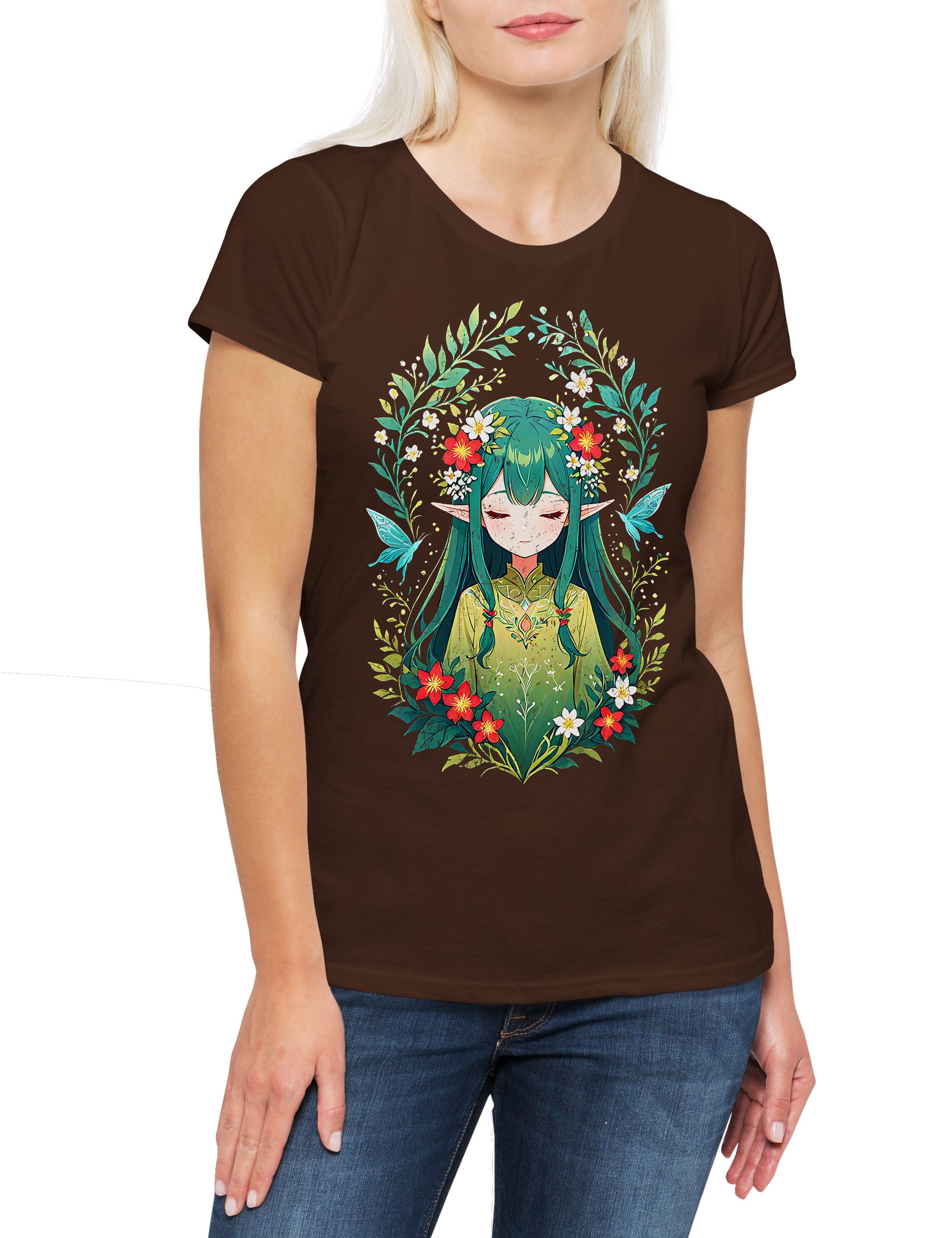 Urban Backwoods Print-Shirt Wood Elf Damen T-Shirt Art Nouveau Fantasy Elves Elfen Fairy Fairies (1-tlg) Lord RPP Dungeons Role