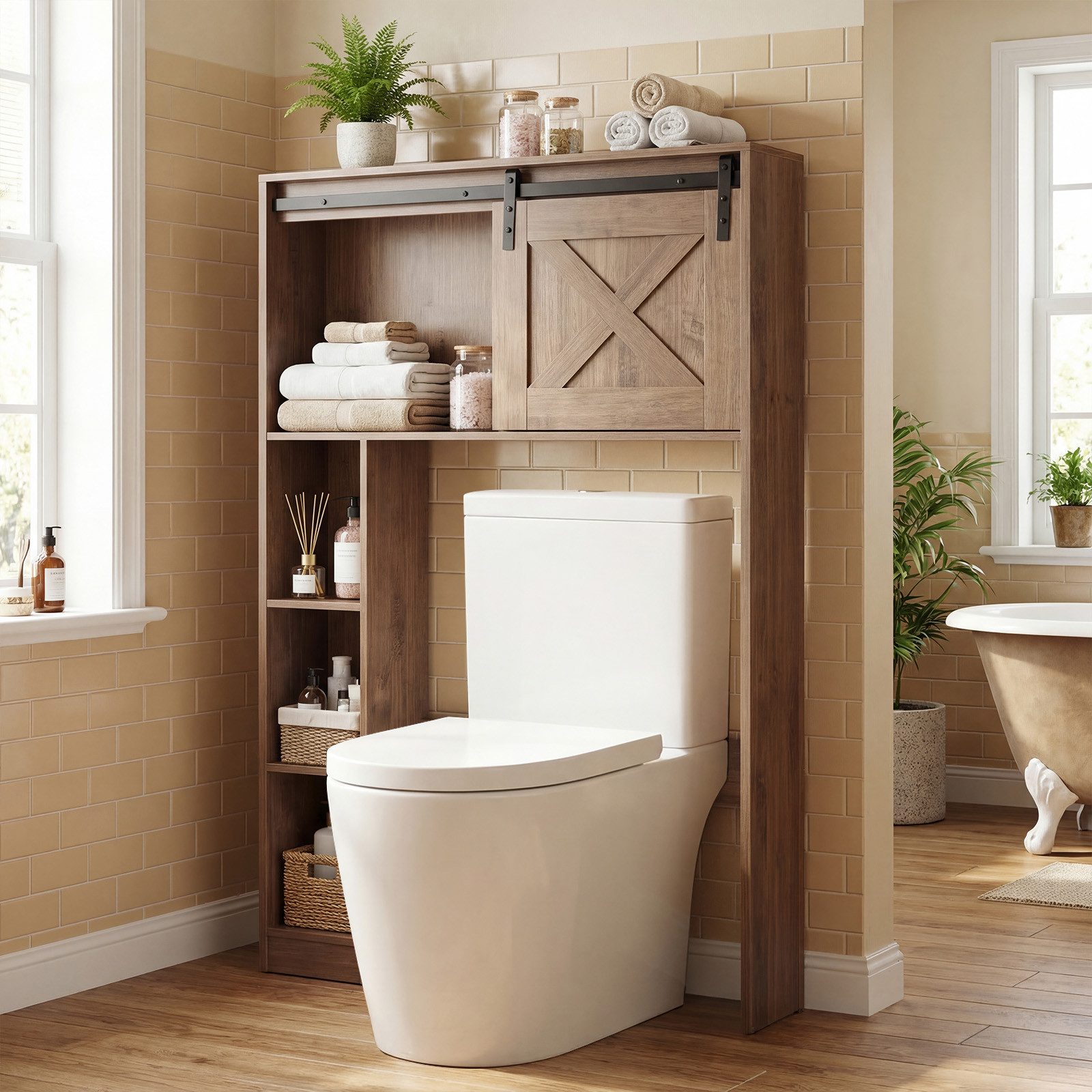 COSTWAY Badregal, Toilettenschrank mit Schiebetür, Waschmaschinenregal Holz