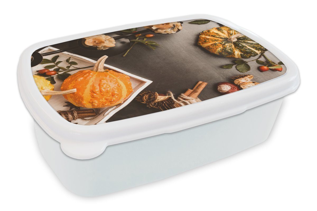 MuchoWow Lunchbox Herbst - Kürbis - Tisch, Kunststoff, (2-tlg), Brotbox für Kinder und Erwachsene, Brotdose, für Jungs und Mädchen weiß | Lunchboxen