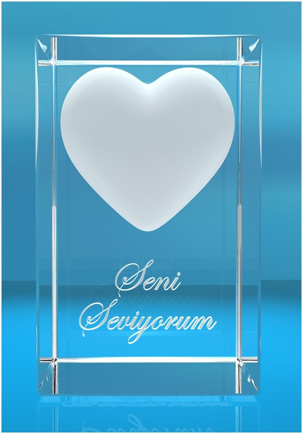 VIP-LASER Dekofigur 3D Glasquader I Herz I Text: Seni Seviyorum, Hochwertige Geschenkbox, Made in Germany, Familienbetrieb