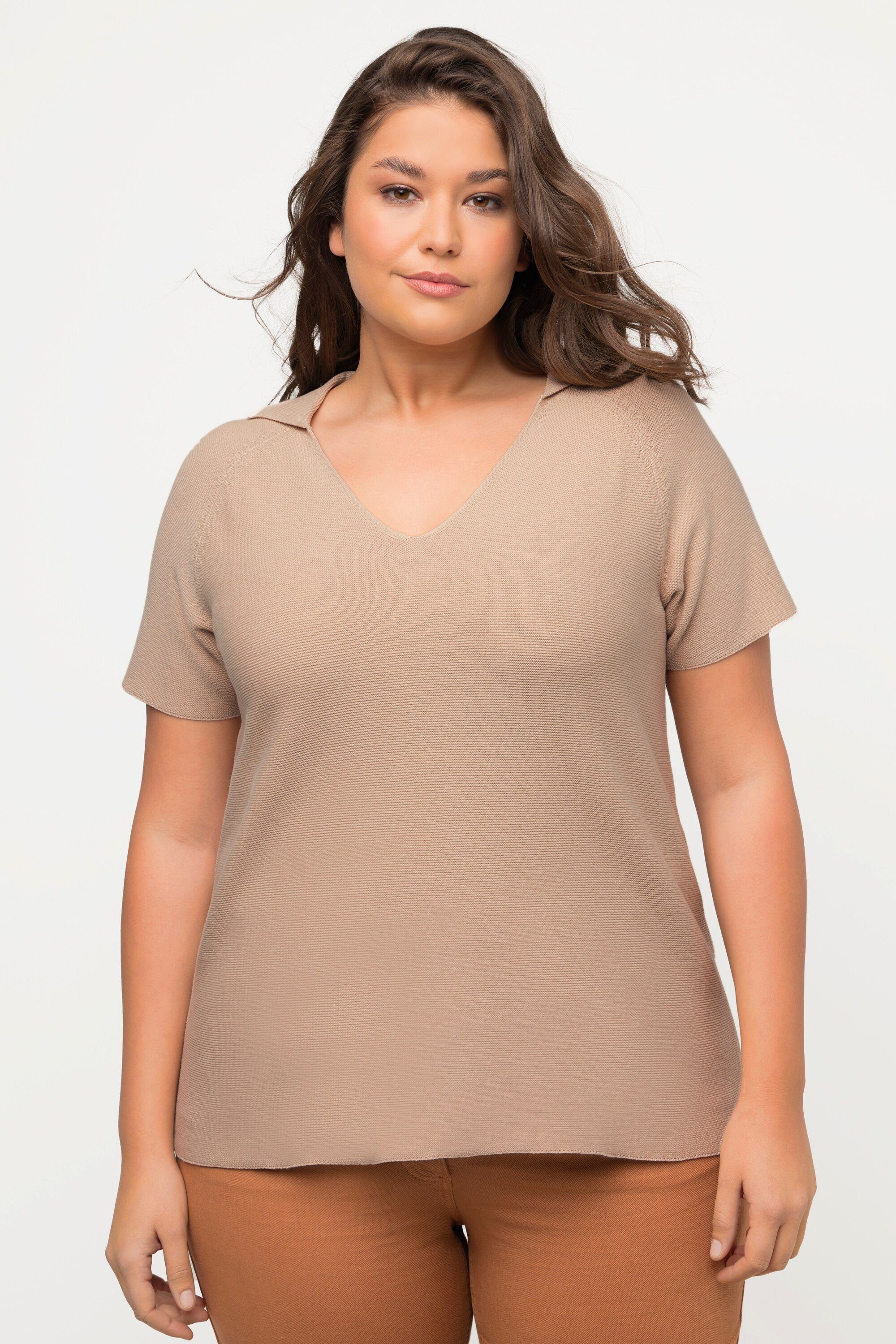 Strickpullover Pullover Polokragen V-Ausschnitt Halbarm