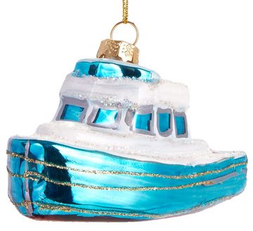 BRUBAKER Christbaumschmuck Mundgeblasene Weihnachtskugel Motorboot, Weihnachtsanhänger aus Glas, handbemalt - Lustige Weihnachtskugel Boot ca. 10.5 cm