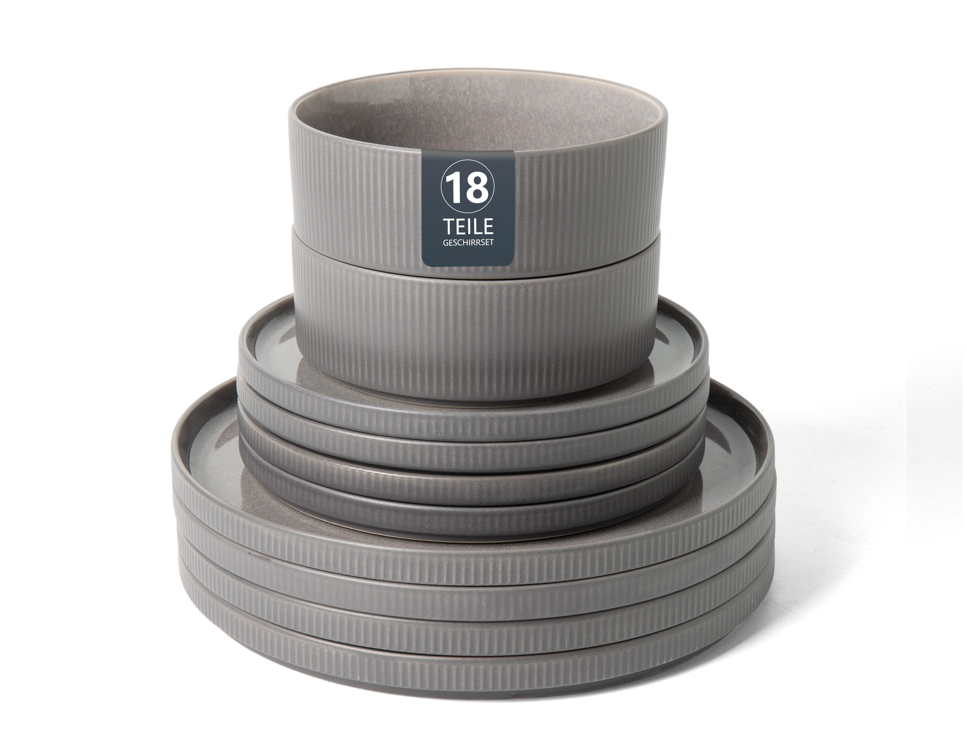 OTTO home Geschirr-Set Ylvii, außen matt, innen reaktiv glasiert (18-tlg), 6 Personen, Steinzeug, Riffeloptik, spülmaschinenfest und mikrowellengeeignet