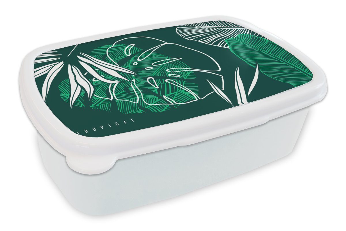 MuchoWow Lunchbox Dschungel - Blätter - Grün - Weiß - Junge - Mädchen - Kind, Kunststoff, (2-tlg), Brotbox für Kinder und Erwachsene, Brotdose, für Jungs und Mädchen