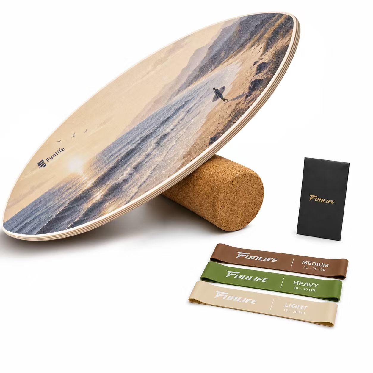FunLife Balanceboard Design-Edition – einzeln, mit Fitnessbändern oder Balance-Zubehör, Wackelbrett aus Birkenholz mit Korkrolle, bis 150 kg belastbar