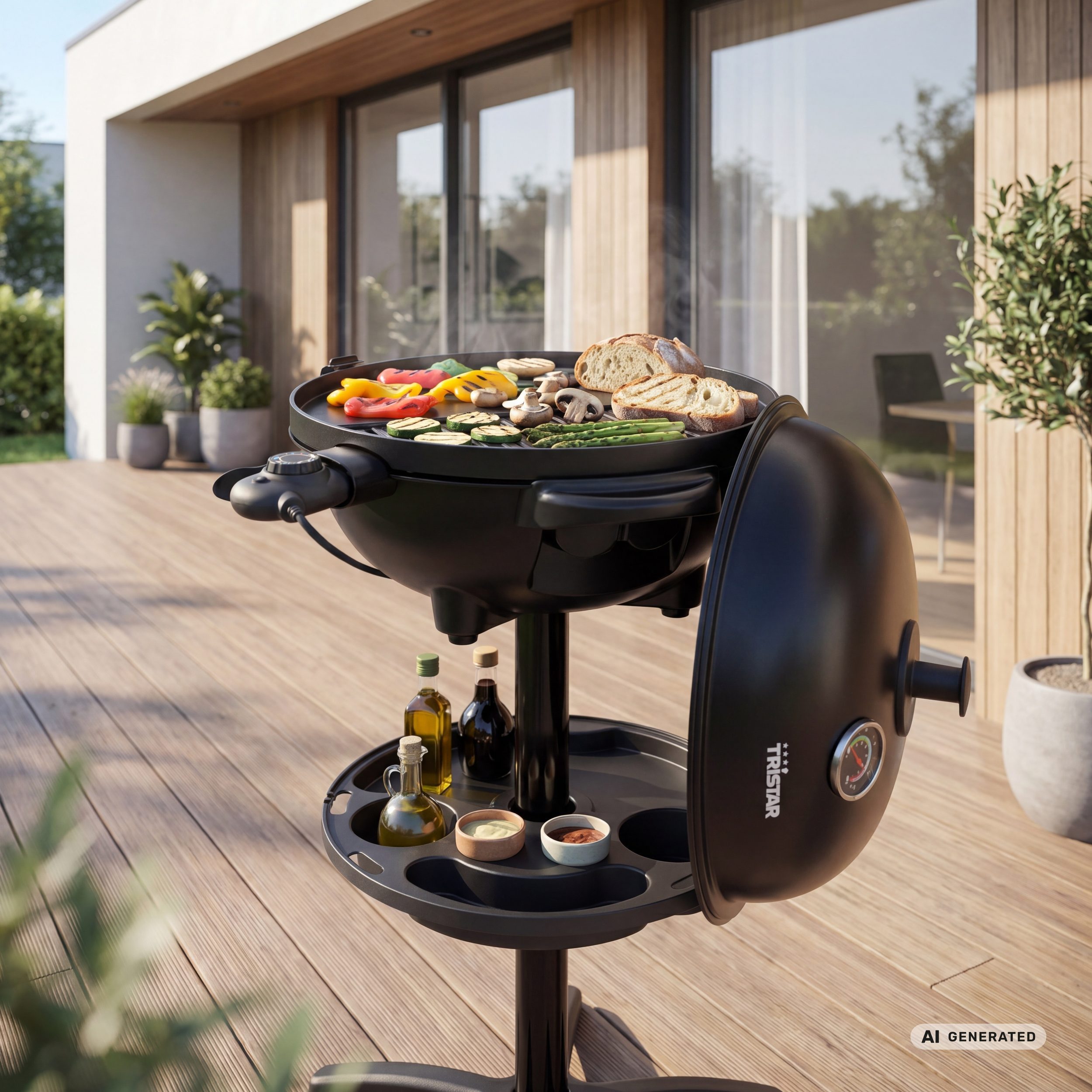 Tristar Elektrogrill BQ-2885, 2400 W, Ø 41 cm, mit Ständer, Deckel & Thermometer, auch als Tischgrill
