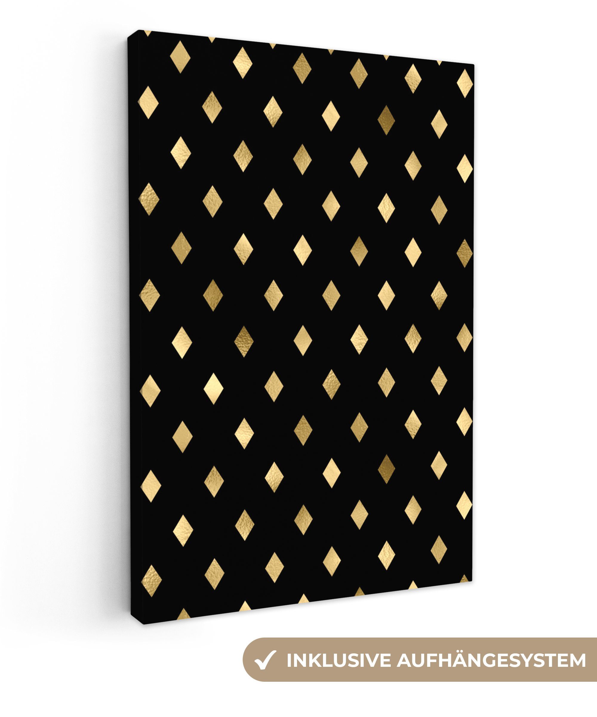 OneMillionCanvasses® Leinwandbild Muster - Gold - Schwarz - Kariert, (1 St), Leinwandbild fertig bespannt inkl. Zackenaufhänger, Gemälde, 20x30 cm | Leinwandbilder