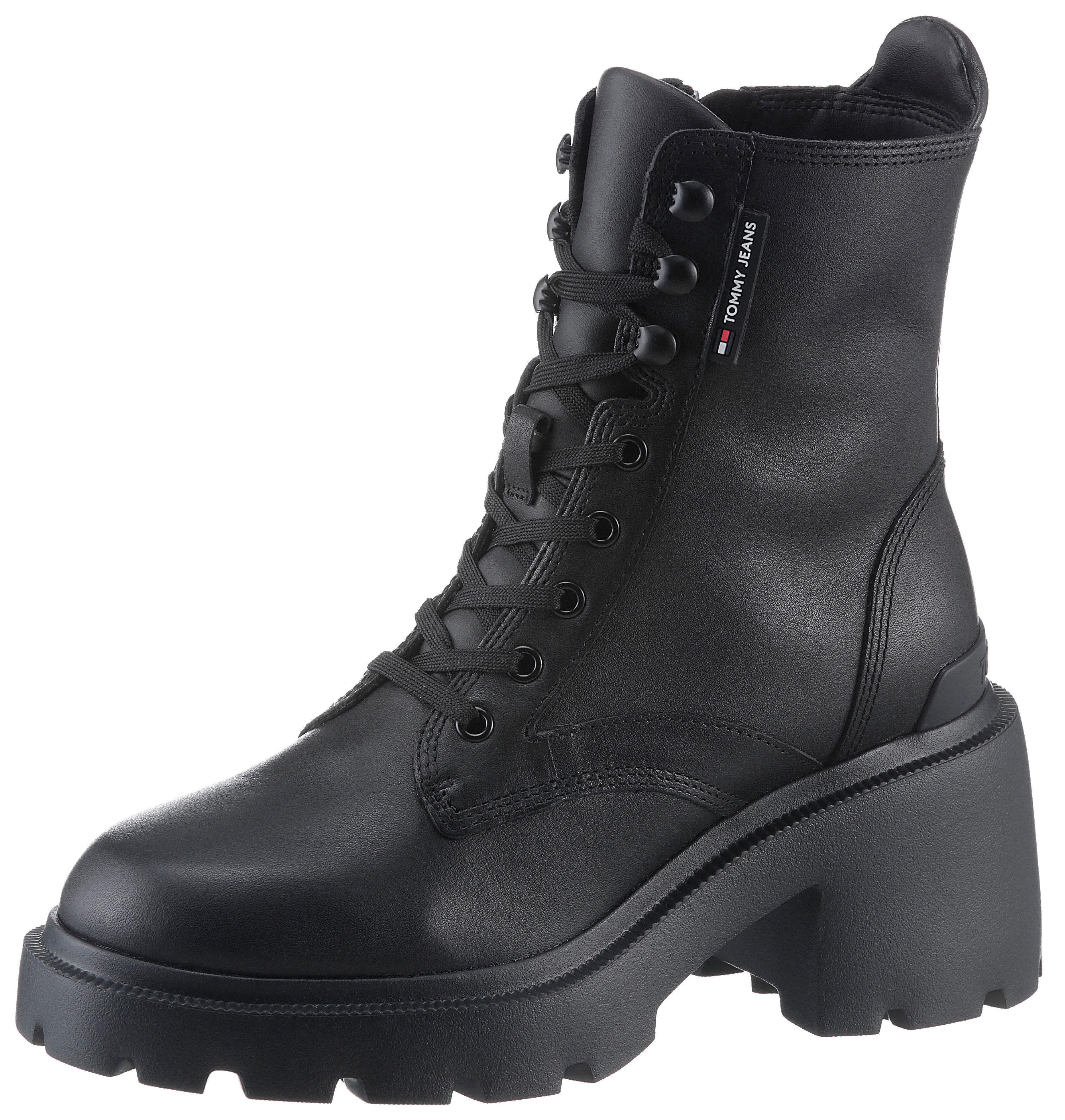 Tommy Jeans TJW MID HEEL BOOT LEATHER Schnürstiefelette, Blockabsatz, Plateau, Schnürboots, Chunkyboots mit Label