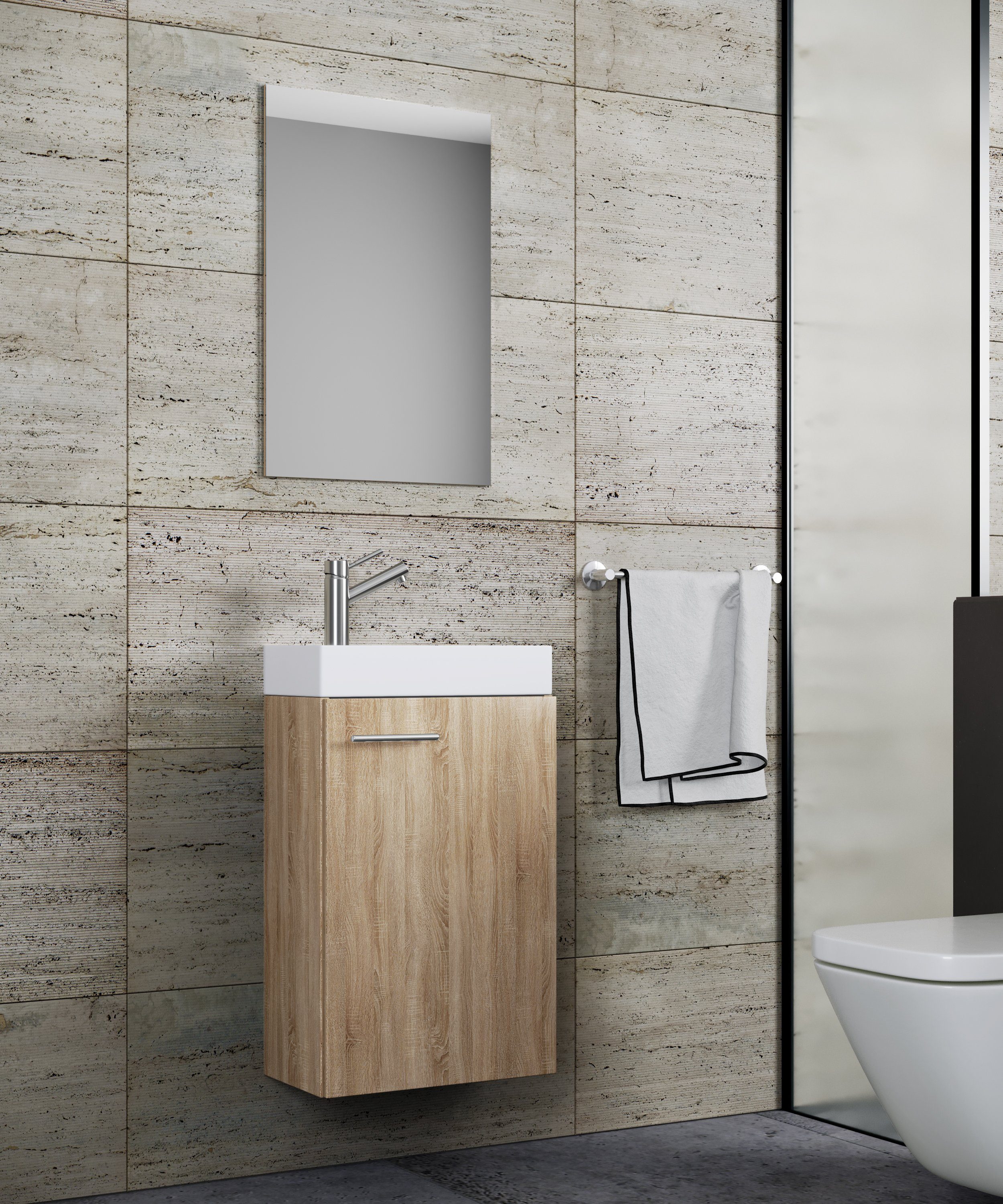 VCM Badmöbel-Set 3 teilig Badmöbel Gäste WC Waschtisch Slito, (Komplett-Set, 3-St., 1x Unterschrank 1x Waschbecken 1x Spiegel)