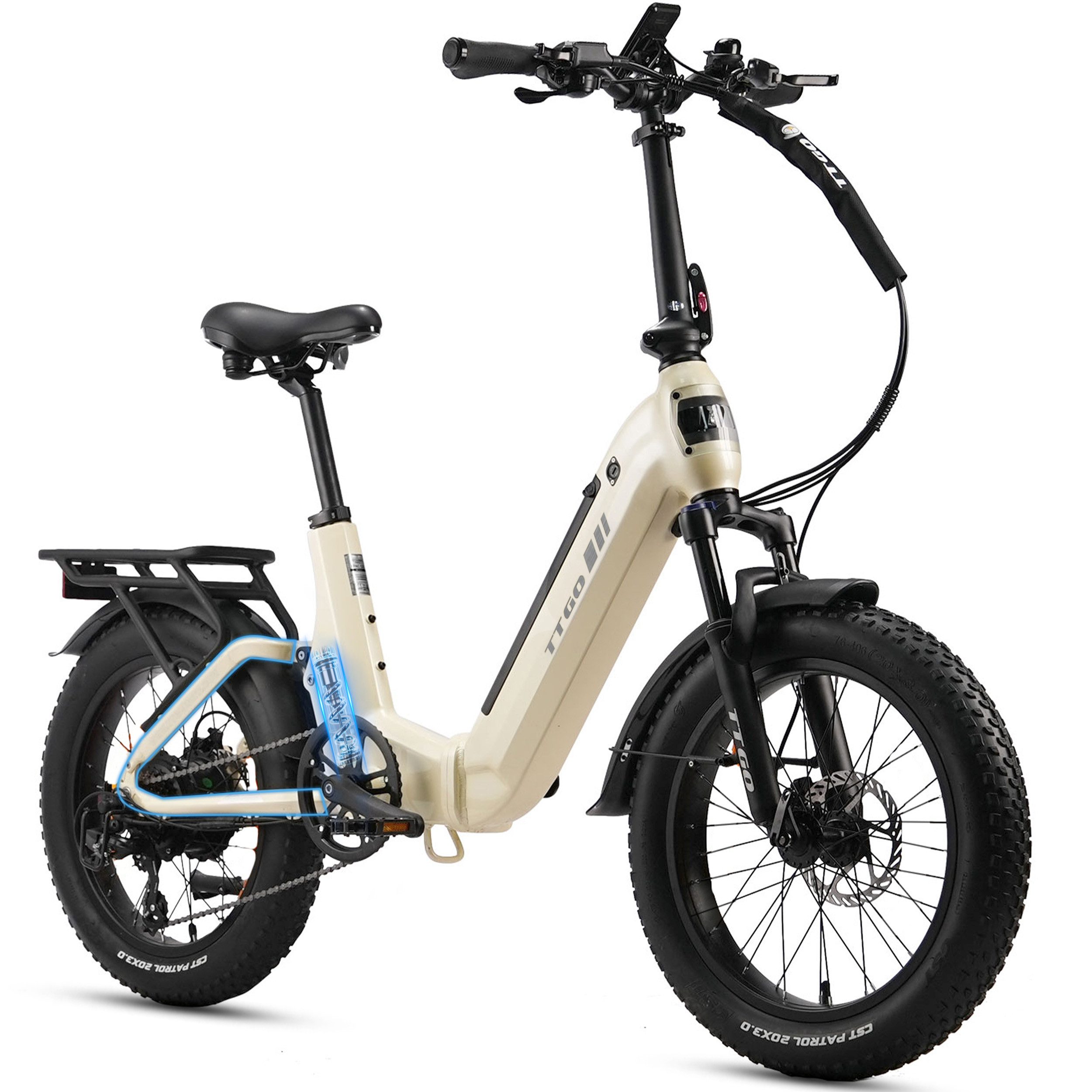 TTGO E-Bike Klapprad 20 Zoll, Fully, Vollfederung, 70Nm Hinterradmotor, 120km, max.150kg, 7 Gang SHIMANO, Kettenschaltung, Heckmotor, 720 Wh, (Softtail, hydr. Scheibenbremse, mit Bremslicht), F7, Drehmomentsensor, Lockout-Federgabel, Elektrofahrrad, Damen Herren