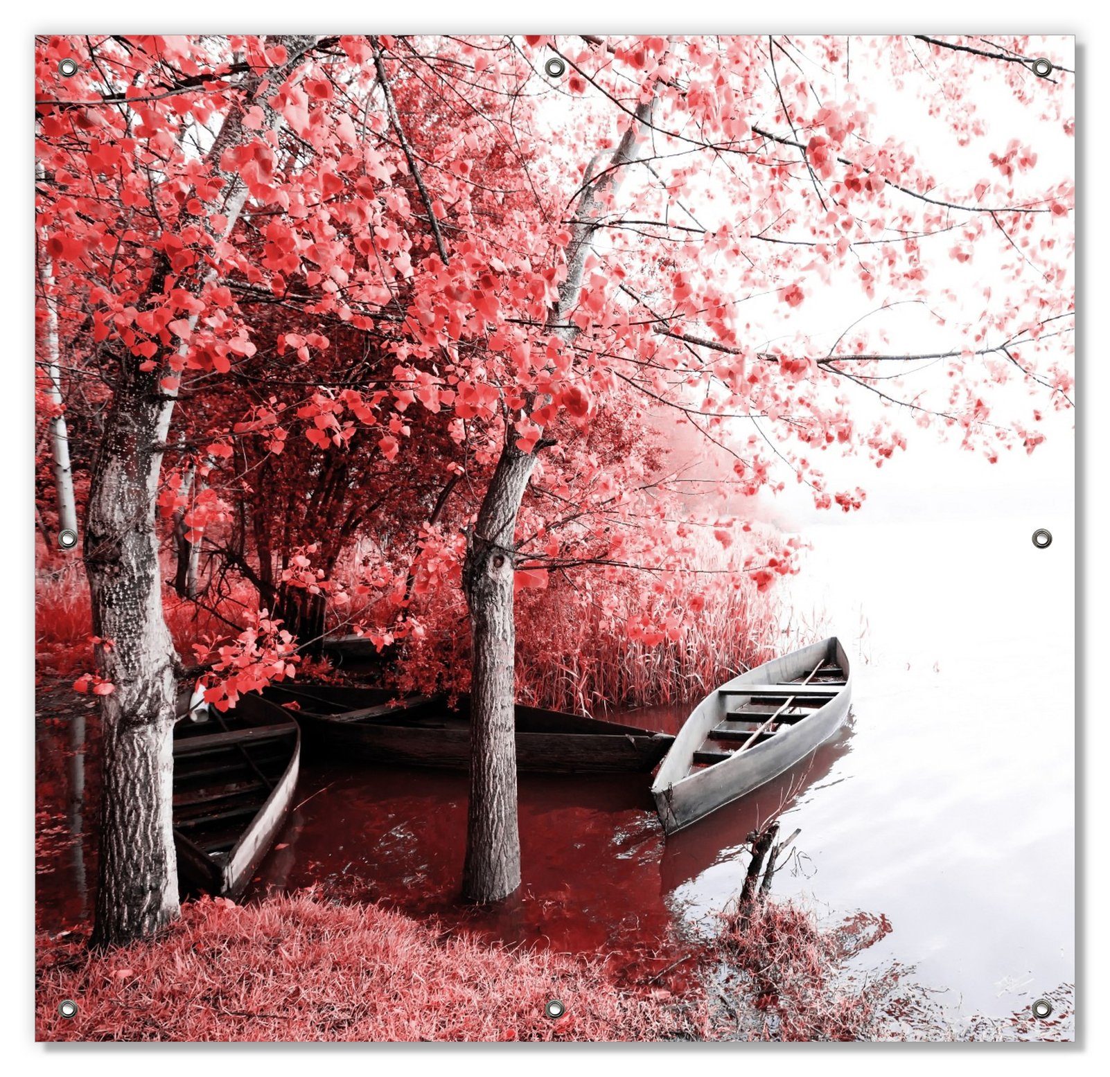 Sonnenschutz Romantische Bootsanlegestelle in rot-weiß, Wallario, blickdicht, mit Saugnäpfen, wiederablösbar und wiederverwendbar