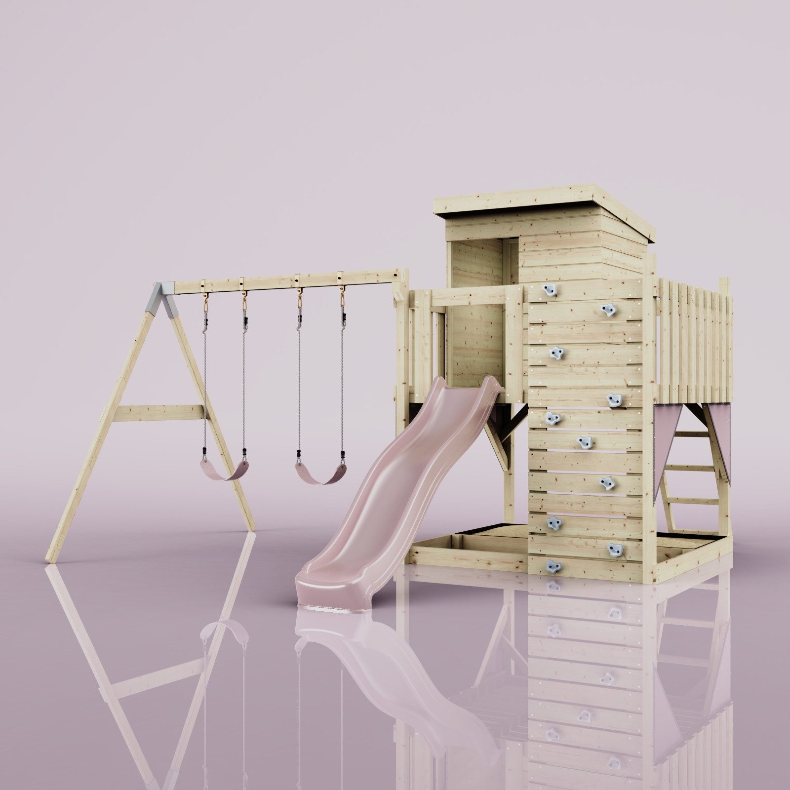 OutdoorToys Spielturm Björn, aus Holz in Altrosa mit Kinderschaukel & Rutsche, Kletterwand
