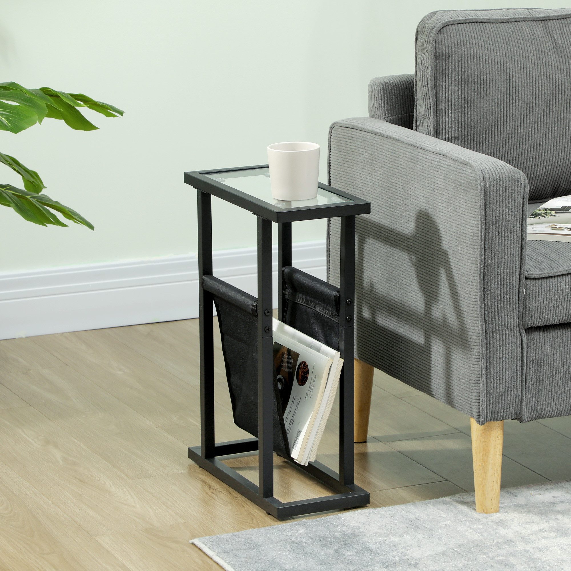 HOMCOM Beistelltisch Wohnzimmertisch Sofatisch mit Korb aus Stoff, Glasplatte (Couchtisch, 1-St., Nachttisch), für Wohnzimmer, Schlafzimmer, Schwarz, 40 x 18 x 55,5 cm