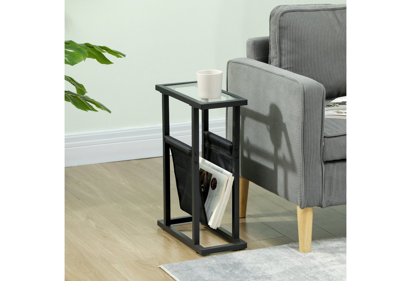 HOMCOM Beistelltisch Wohnzimmertisch Sofatisch mit Korb aus Stoff, Glasplatte (Couchtisch, 1-St., Nachttisch), für Wohnzimmer, Schlafzimmer, Schwarz, 40 x 18 x 55,5 cm