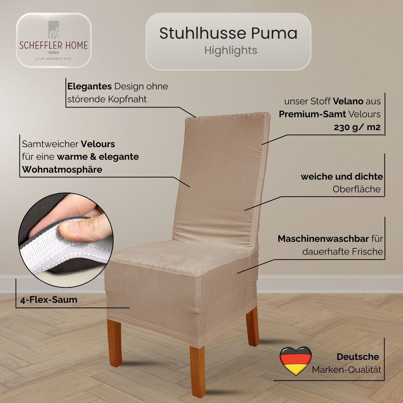 sh SCHEFFLER-HOME LIVE HOMESTYLE Stuhlhusse VelvetFit Puma – elastischer Stuhlbezug, für große Stühle, Samt-Optik, Idealmaße 46×66 cm Rückenlehne