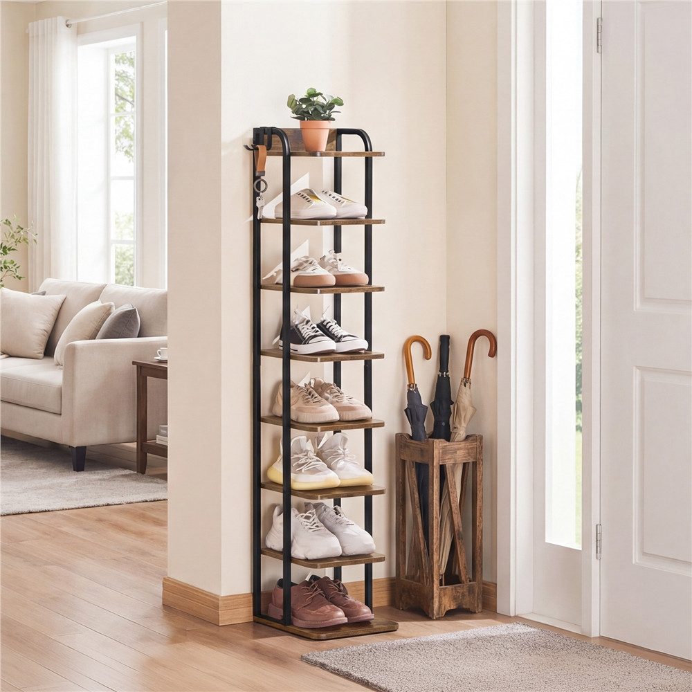Yaheetech Schuhregal Schmaler Schuhschrank im Vintage-Stil mit Metallkonstruktion, Schuh-Organizer mit 8 Ebenen 30 cm L × 26,5 cm B × 128 cm H