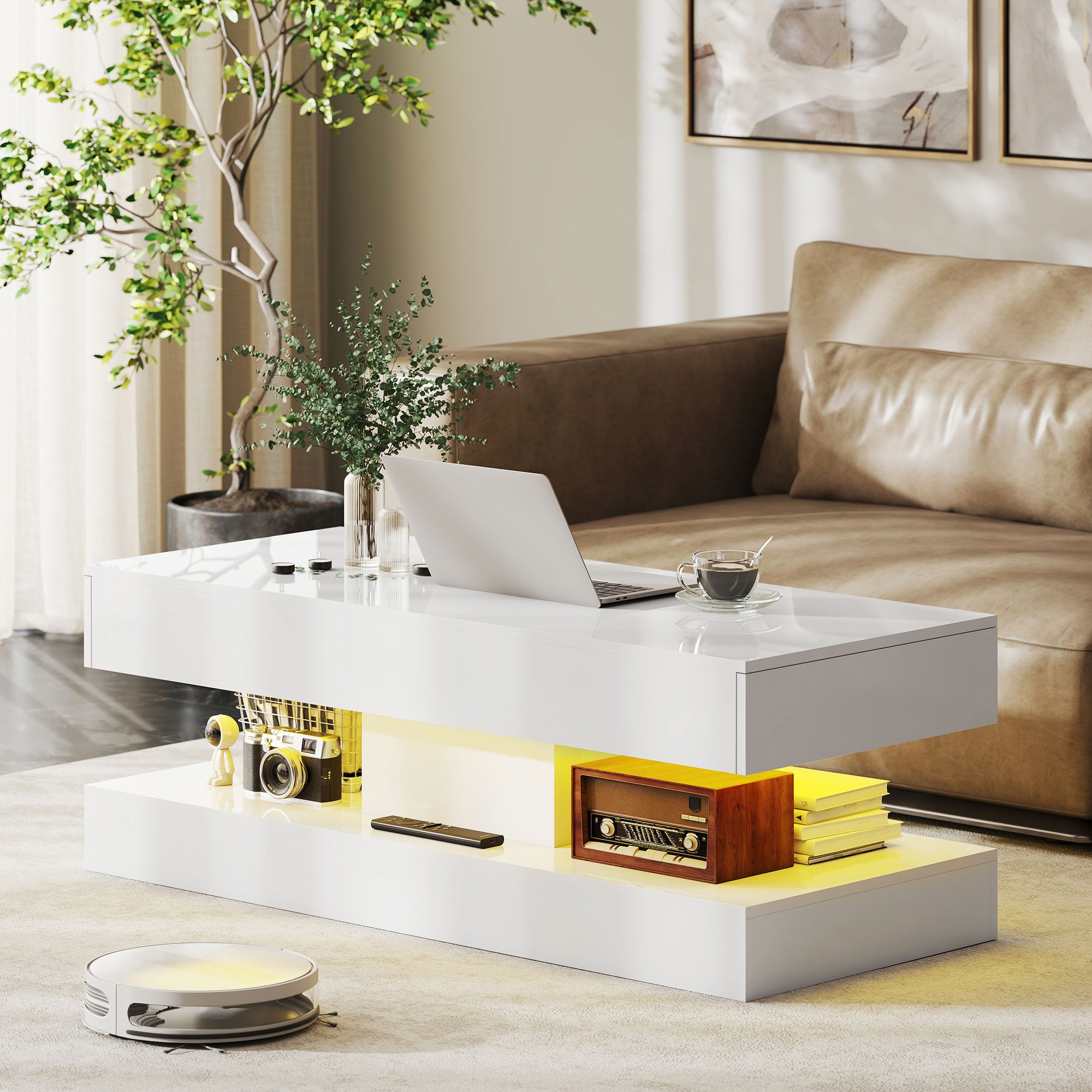 HOMCOM Couchtisch mit 12-Farbiger LED Beleuchtung, 2 Schublade, offenem Reg günstig online kaufen