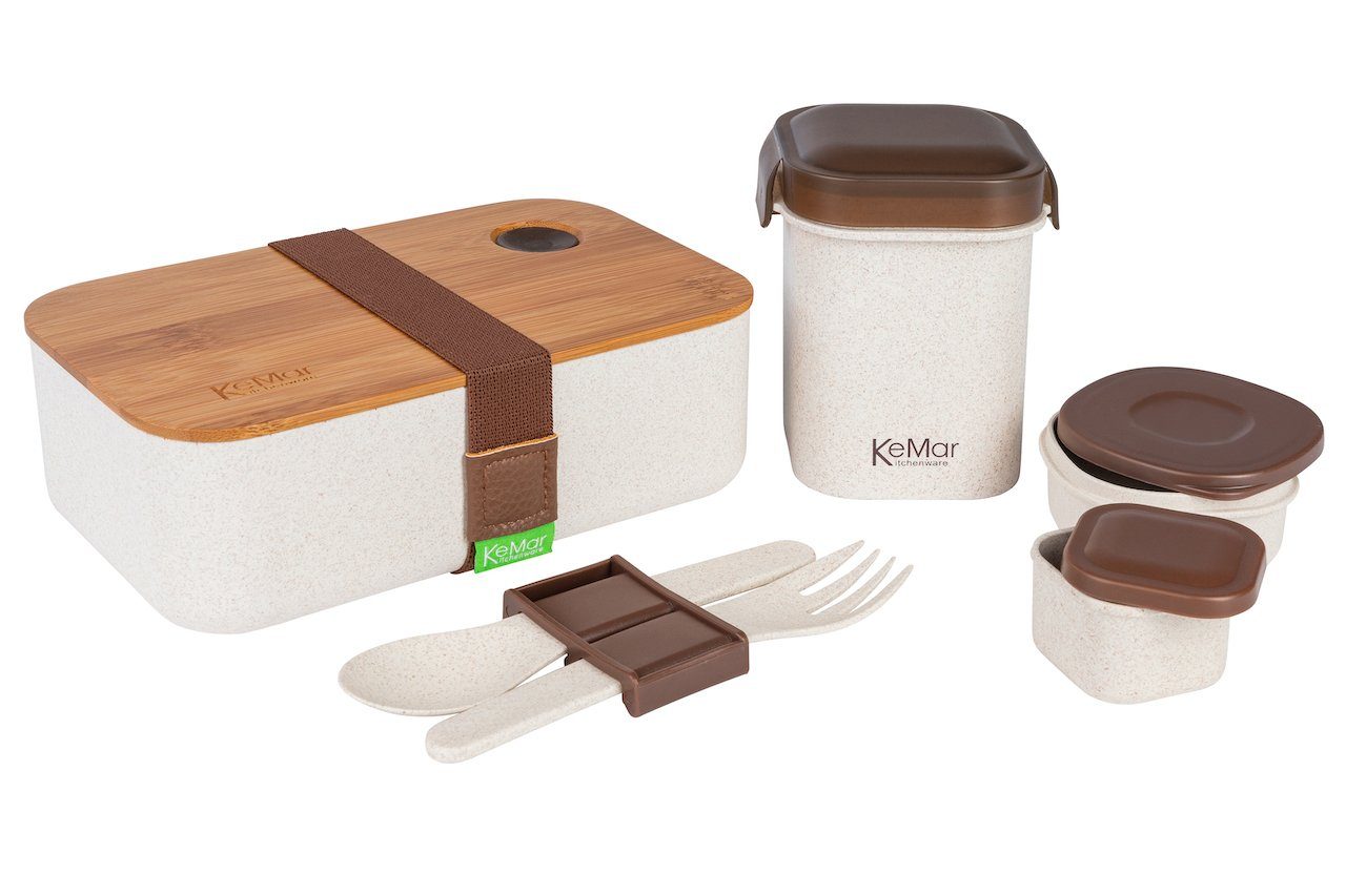 KeMar Kitchenware Lunchbox HuskKBundleset6-1, Zellulose,Polypropylen, (Set, 6-tlg., LUNCHBOX, BROTDOSE, BENTOBOX, BAMBUS DECKEL, 6 TEILE), 1,1 Liter mit Bambus Deckel, Besteck, Stofftasche, 2 Zusatzbehälter