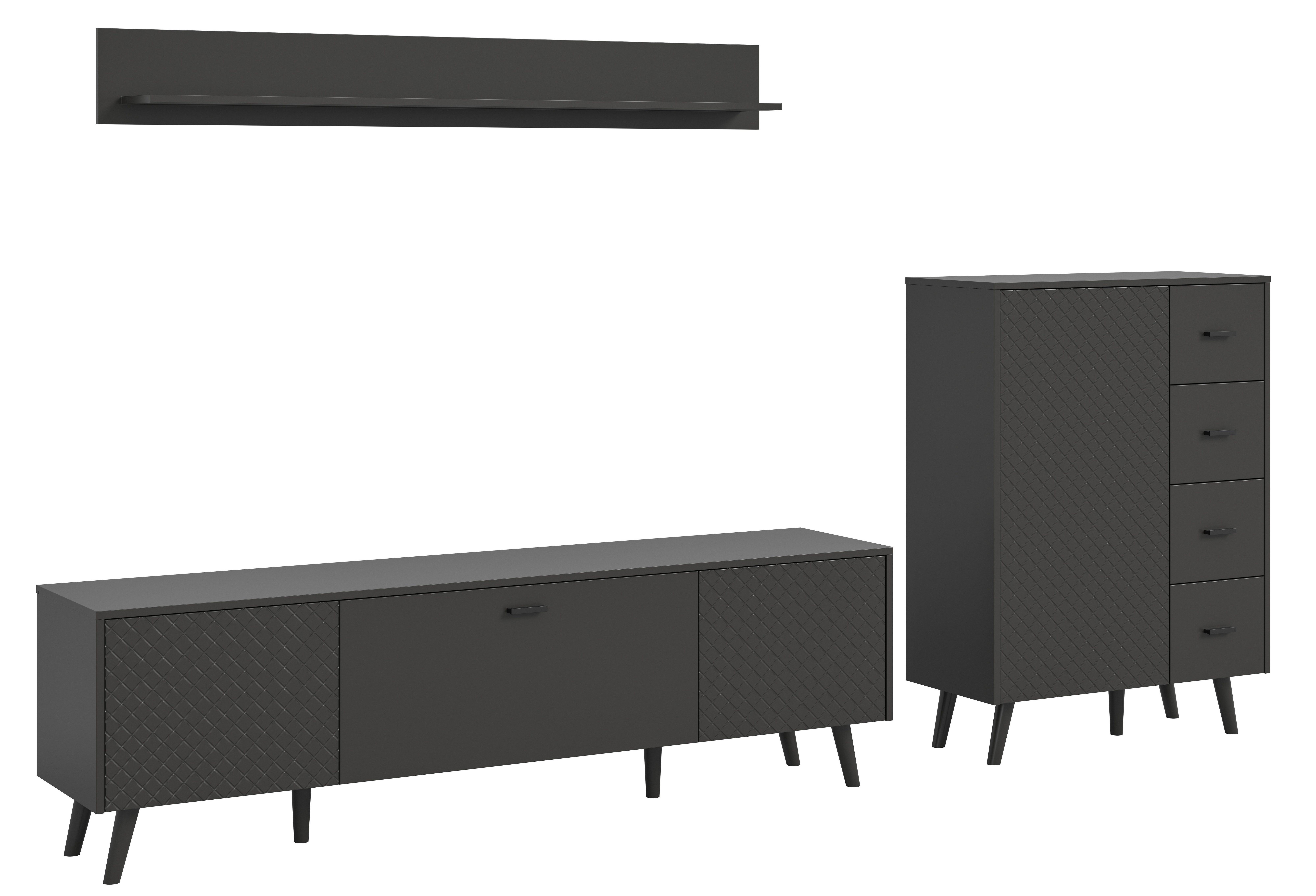 furnling Wohnzimmer-Set Linia, (3-St., bestehend aus Kommode, Lowboard, Wandboard), Wohnzimmermöbel, Komplett-Set, Breite 269 cm, grau matt