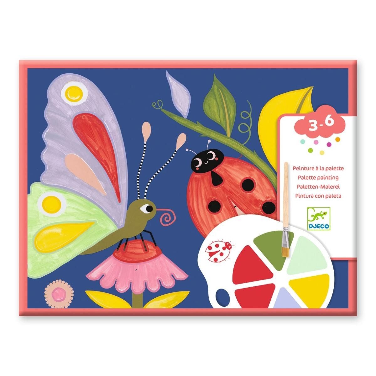 DJECO Malvorlage Malset Kinder ab 3 Jahre, 4 Tierbilder, Pinsel, Palette, kreatives Set