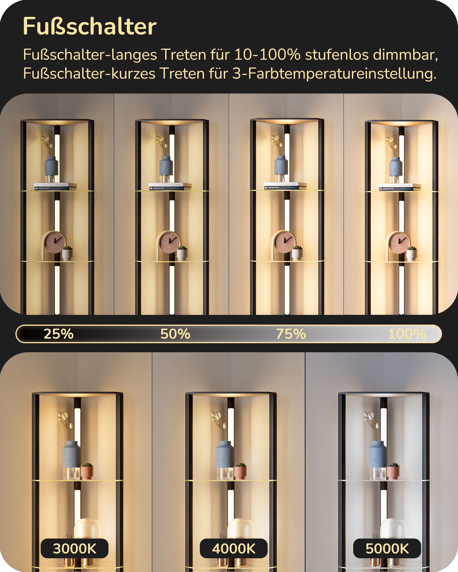 EDISHINE Stehlampe Wohnzimmer Dimmbar, Standleuchte mit Holz-Regal, LED fest integriert, warmweiß, LED Dimmbar Stehleuchte, Eckregal Regalbeleuchtung