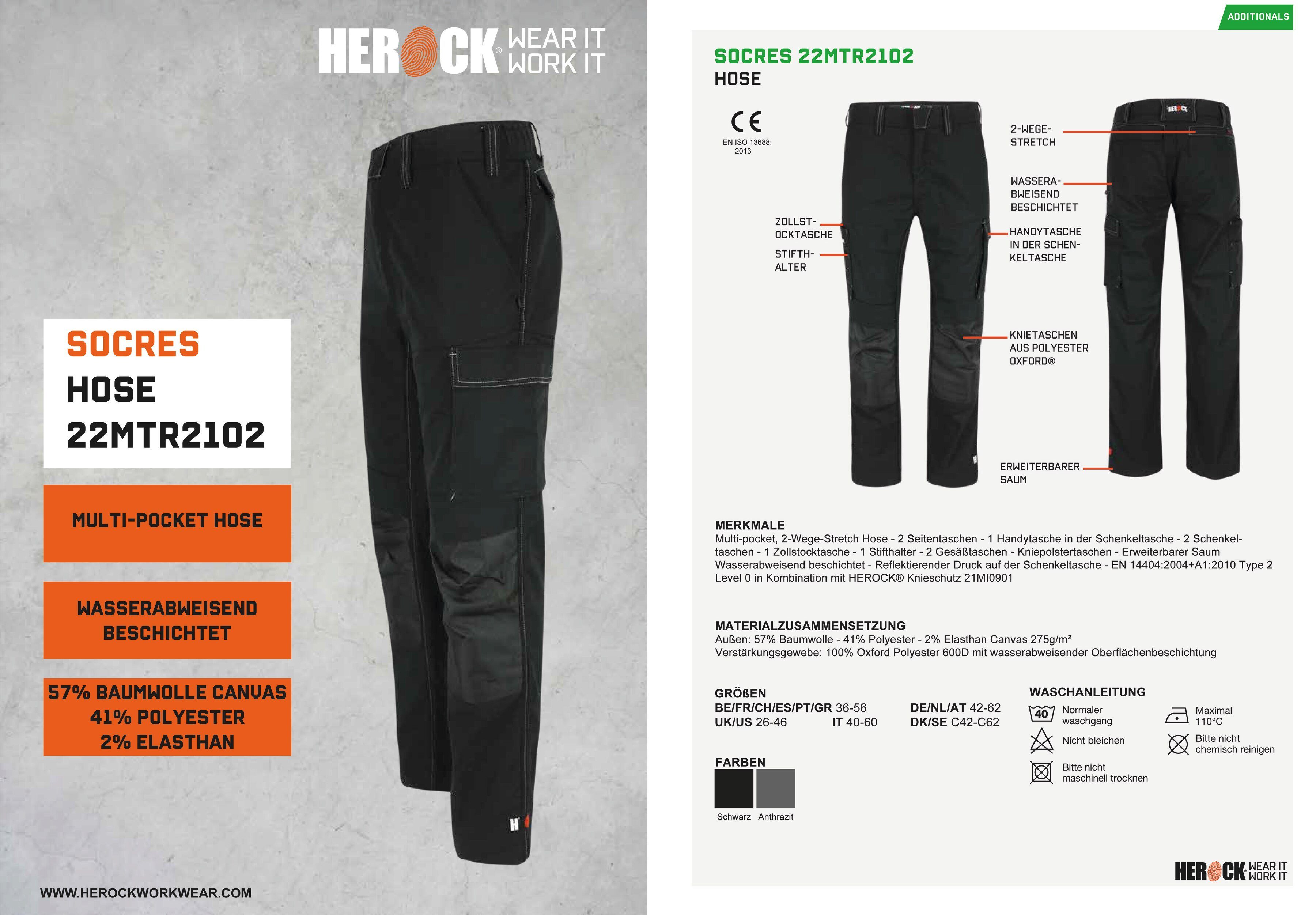 Herock Arbeitshose SOCRES Multi-pocket, 2-Wege-Stretch, schwarz wasserabweisend bequem beschichtet