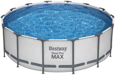 Bestway Framepool Steel Pro MAX™ (Komplett-Set), Frame Pool mit Filterpumpe Ø 427x122 cm, lichtgrau