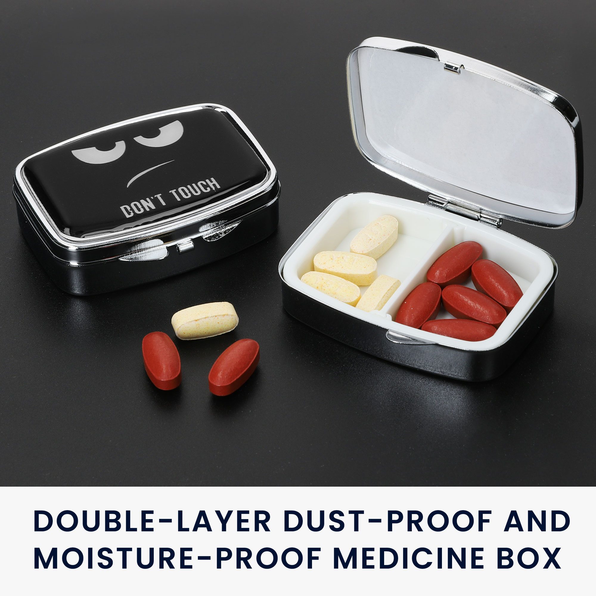 kwmobile Pillendose Edelstahl Tablettenbox mit 2 Fächern 5,5 x 4 x 1,5cm (2 St), Pillendose Tablettendose Tragbare Pillenbox Metall Medikamentenbox