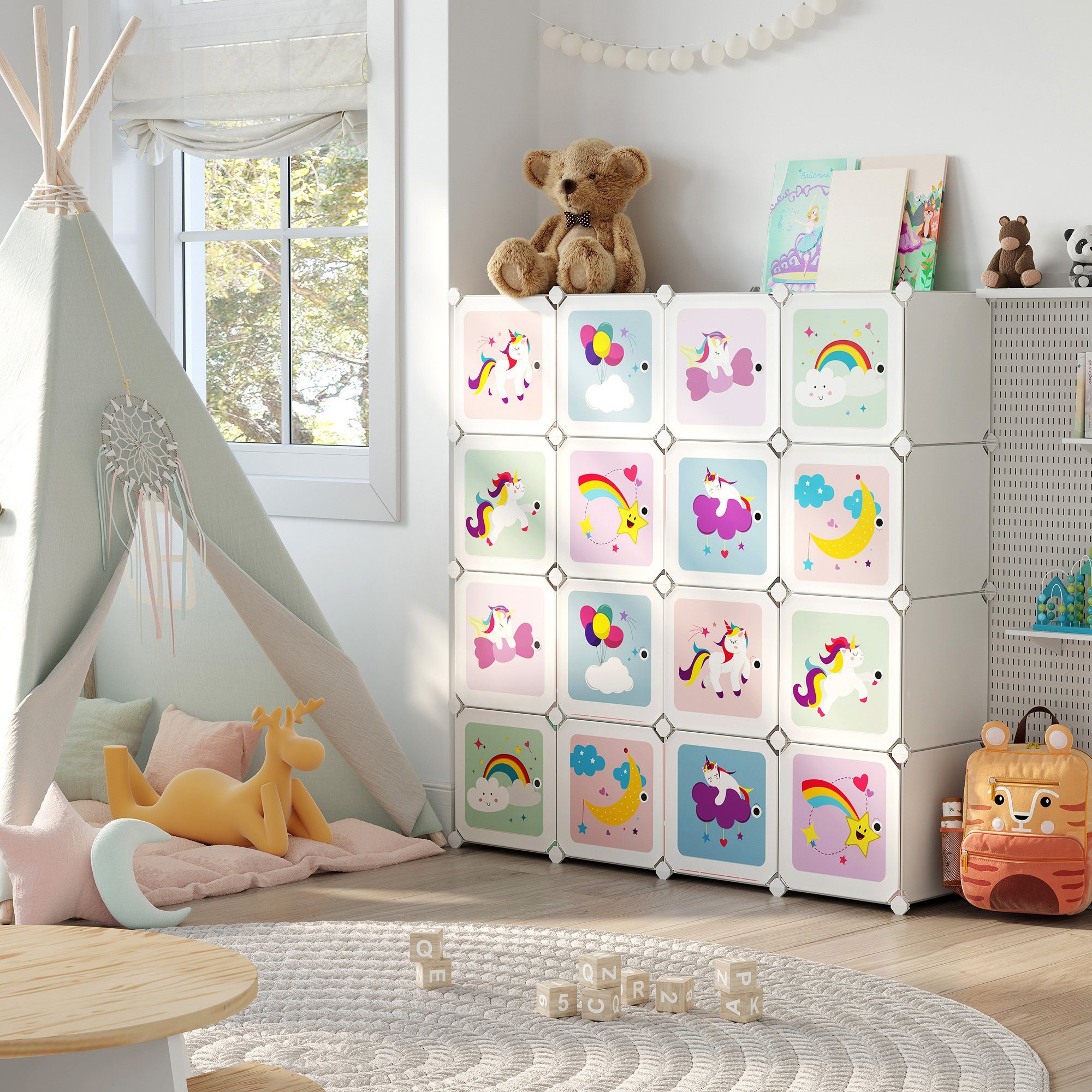 SONGMICS Aufbewahrungsbox Kinderregal, mit 16 Würfeln, 123 x 31 x 123 cm günstig online kaufen