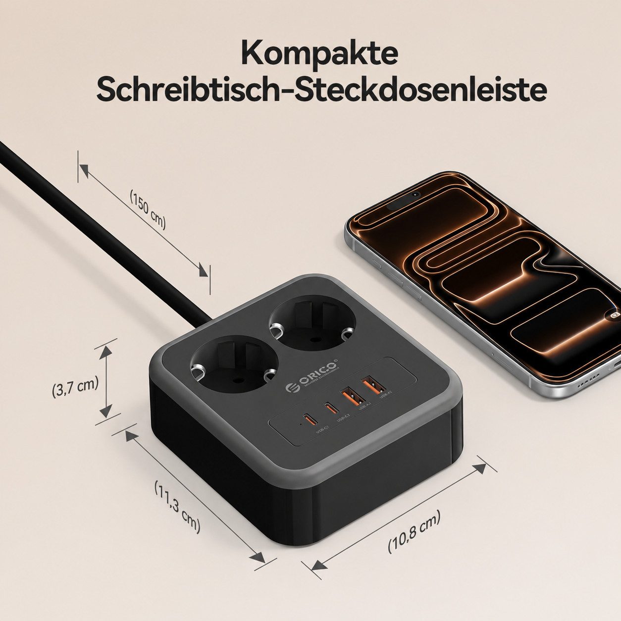 ORICO Steckdose 6-in-1 Mehrfachsteckdose mit USB-C PD 20W, 3 m Kabel, 1-St., 2 Steckdosen & 4 USB (2× USB-C), Kompakt-Powercube für Büro & Zuhause
