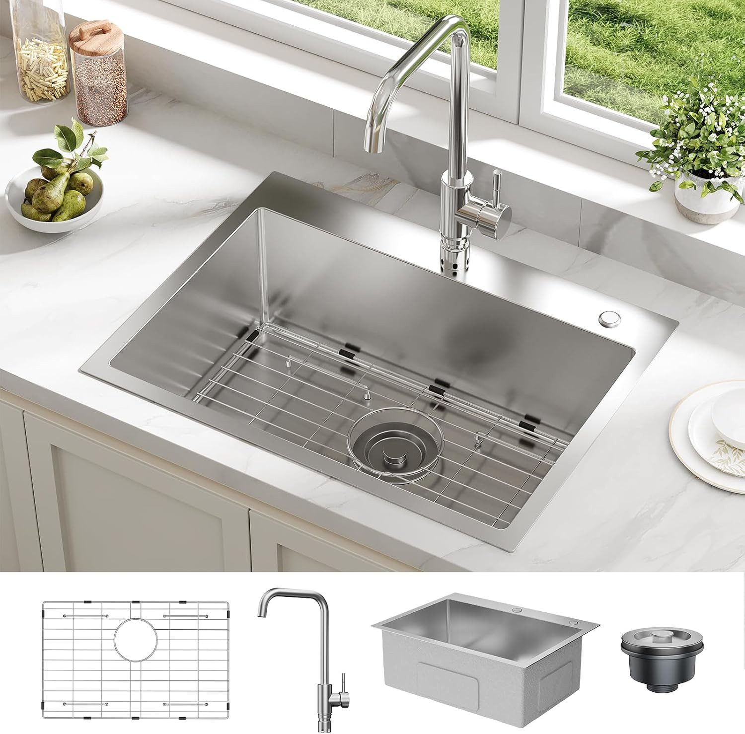 GarveeMore Küchenspüle Edelstahl Spülbecken, Einbauspüle mit Armatur & Zubehör, rechteckig, 60/45 cm, inkl. Ablaufstopfen, Siebkorbventil & Geschirrabtropfgestell