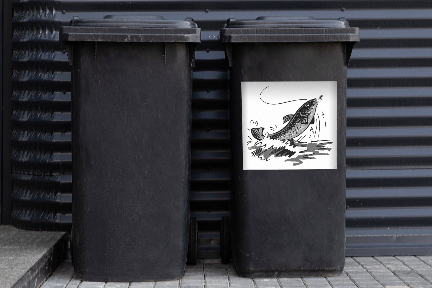 Mülltonne, (1 MuchoWow schwarz der - kommt Abfalbehälter St), Wasser Mülleimer-aufkleber, Illustration Container, eines Fisches, Sticker, Wandsticker aus dem und