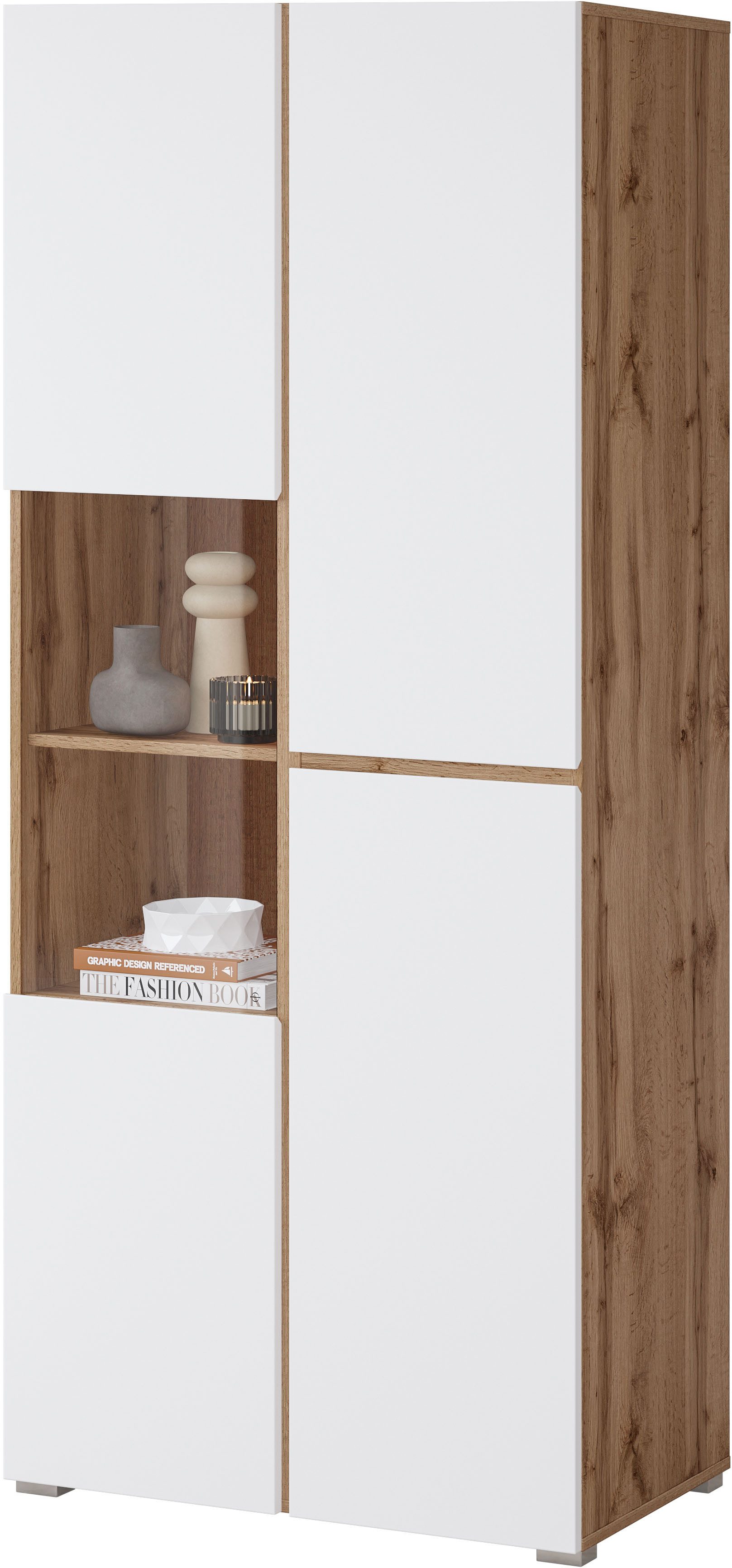 OTTO home Vitrine Cross, Höhe 183,5 cm, moderne grifflose Standvitrine mit 3 Türen Hochschrank mit viel Stauraum, Glastür und verstellbaren Einlegeböden