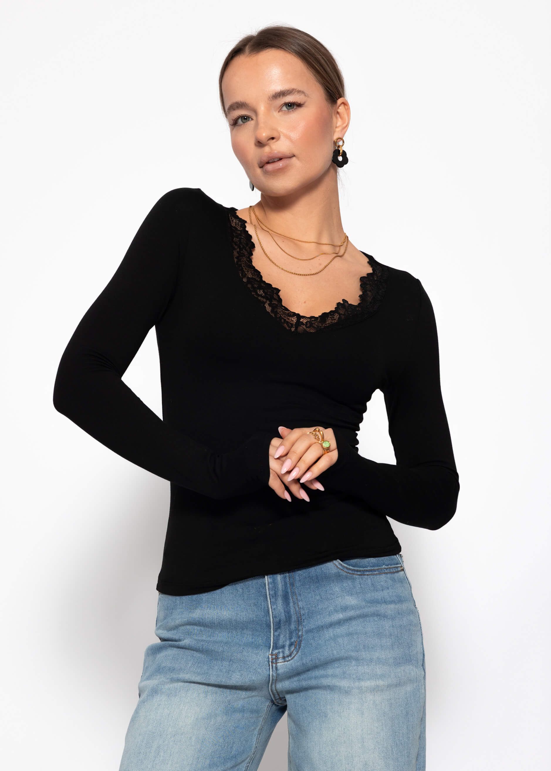 SASSYCLASSY Langarmshirt Langarmshirt mit Spitzenausschnitt für Damen Femin günstig online kaufen