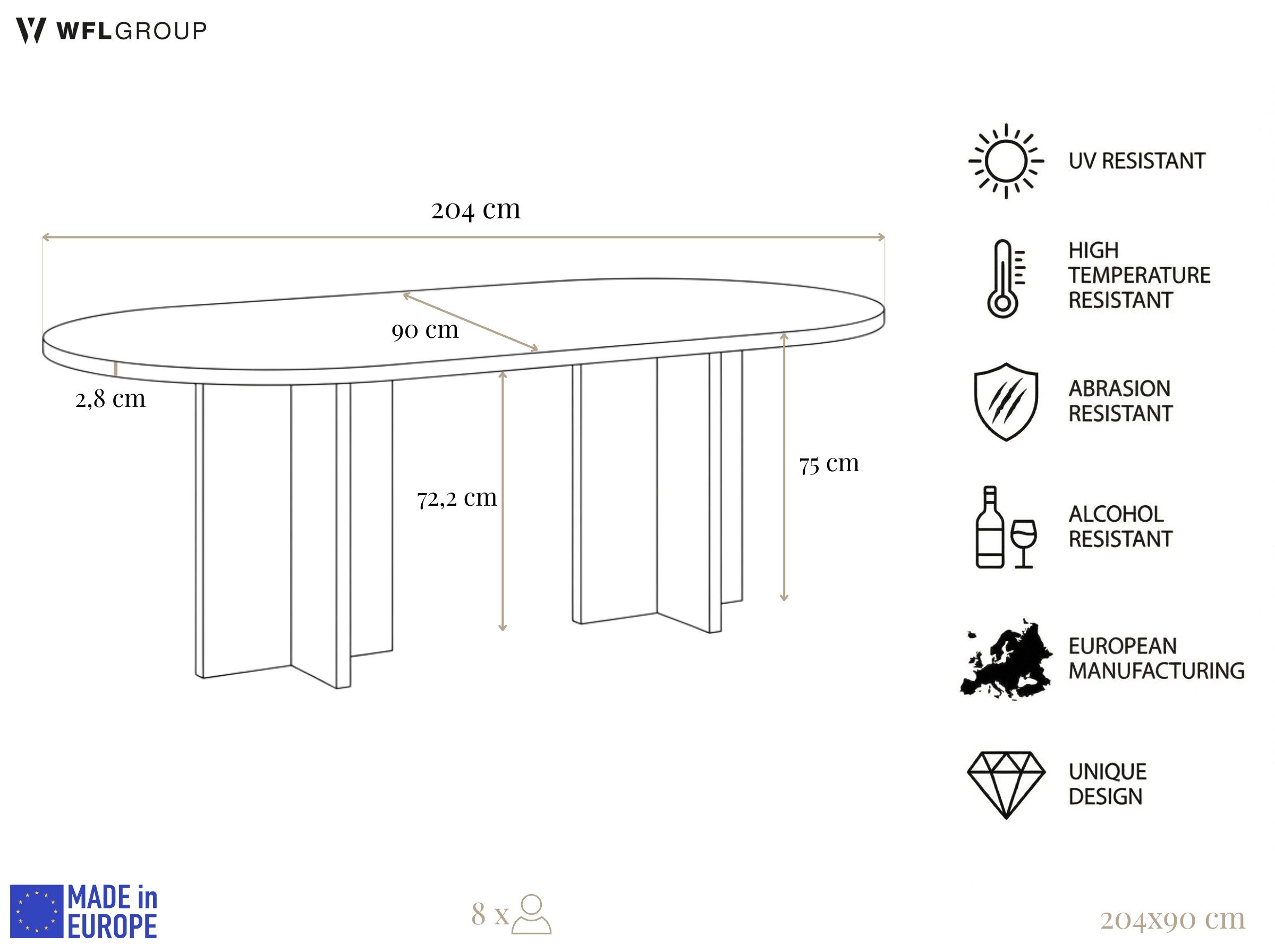 WFL GROUP Esstisch Aster Ovaler Esszimmertisch, Küchentisch in Holzoptik (MADE IN EU, 204 x 90 cm, 75 cm Höh, für 8 Personen), Modernes Minimalistisches Design