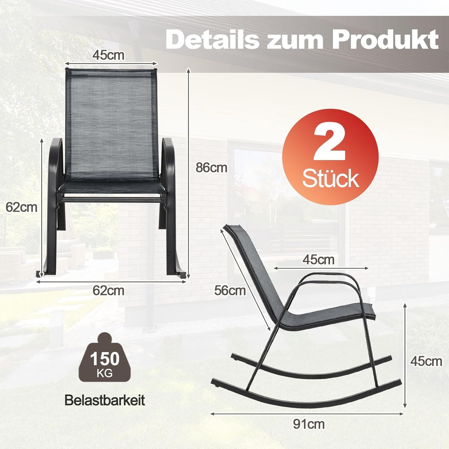 KOMFOTTEU Schaukelstuhl Gartenstuhl (2er Set), mit Rücklehne & Armlehne,bis 150 kg