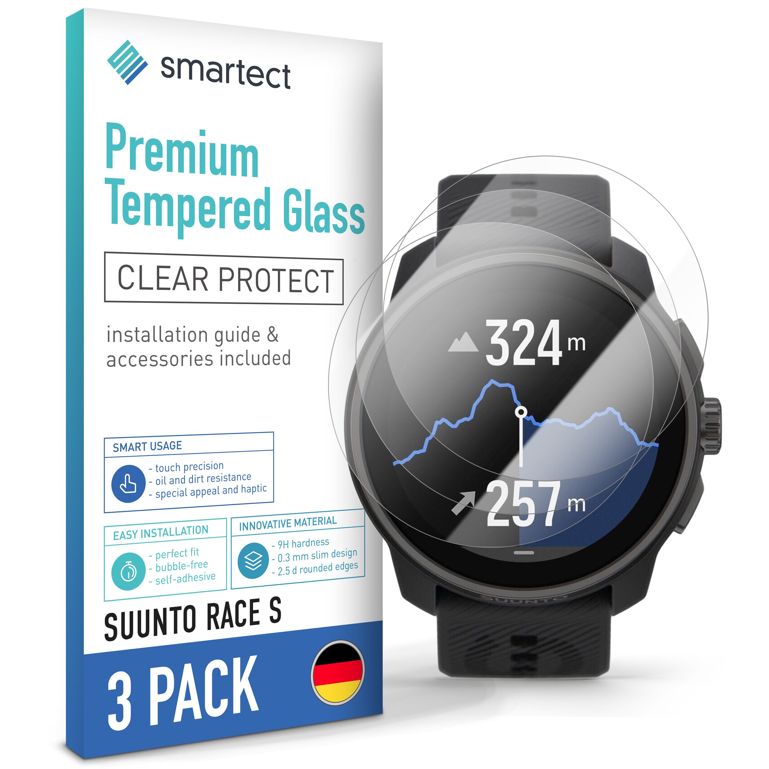 smartect Displayschutzglas Schutzglas Panzerfolie Klar für Suunto Race S, Set, 3 Stück, Schutzfolie Glasschutz Bildschirm