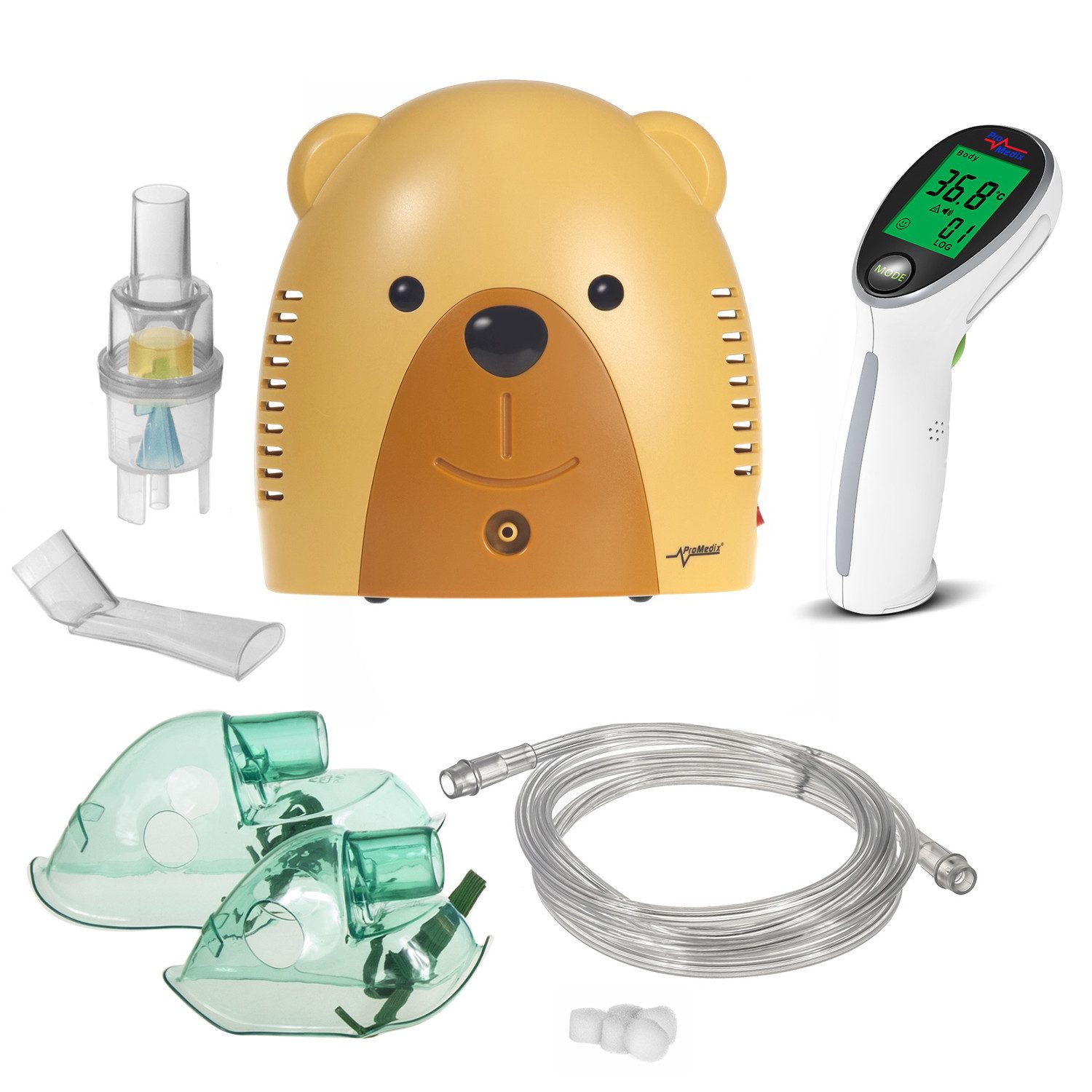 Promedix Inhalationsgerät PR-811+PR-960 Bär Kinderinhalator + Infrarot-Thermometer Set, Vernebler, Maske, Filterset, Thermometer