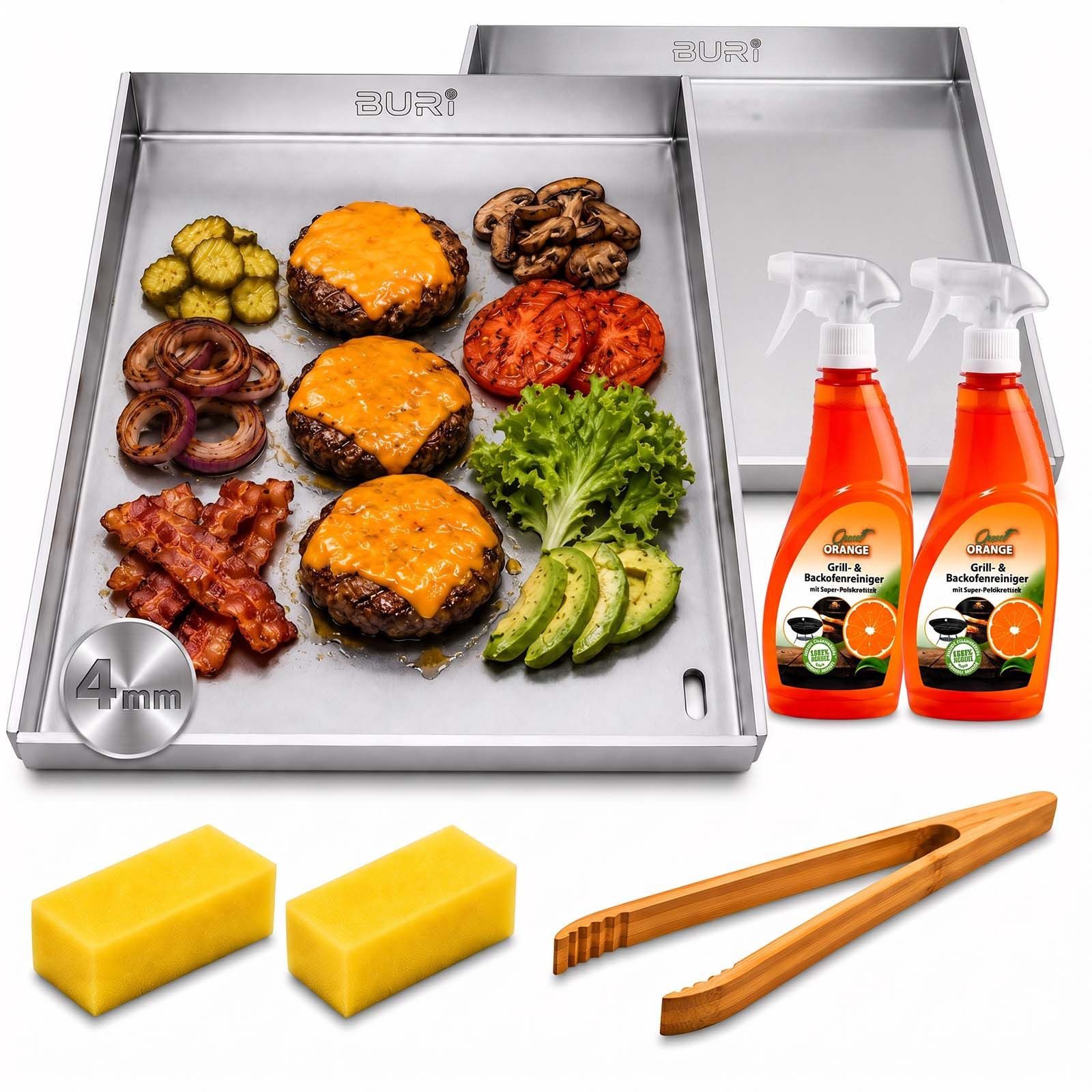 BURI Grillplatte 2x Plancha Grillplatte 30x37cm Edelstahl Set Grillzange Grillreiniger
