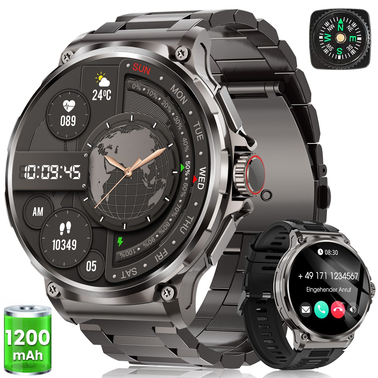 FOSMET 2026 1200-mAh-Akku,Smartwatch Herren Militärqualität,60 Tage Standby Smartwatch, Mit Herzfrequenz,SpO2 und Schlaf,Blutdruckmessung,1.92''AMOLED-Display