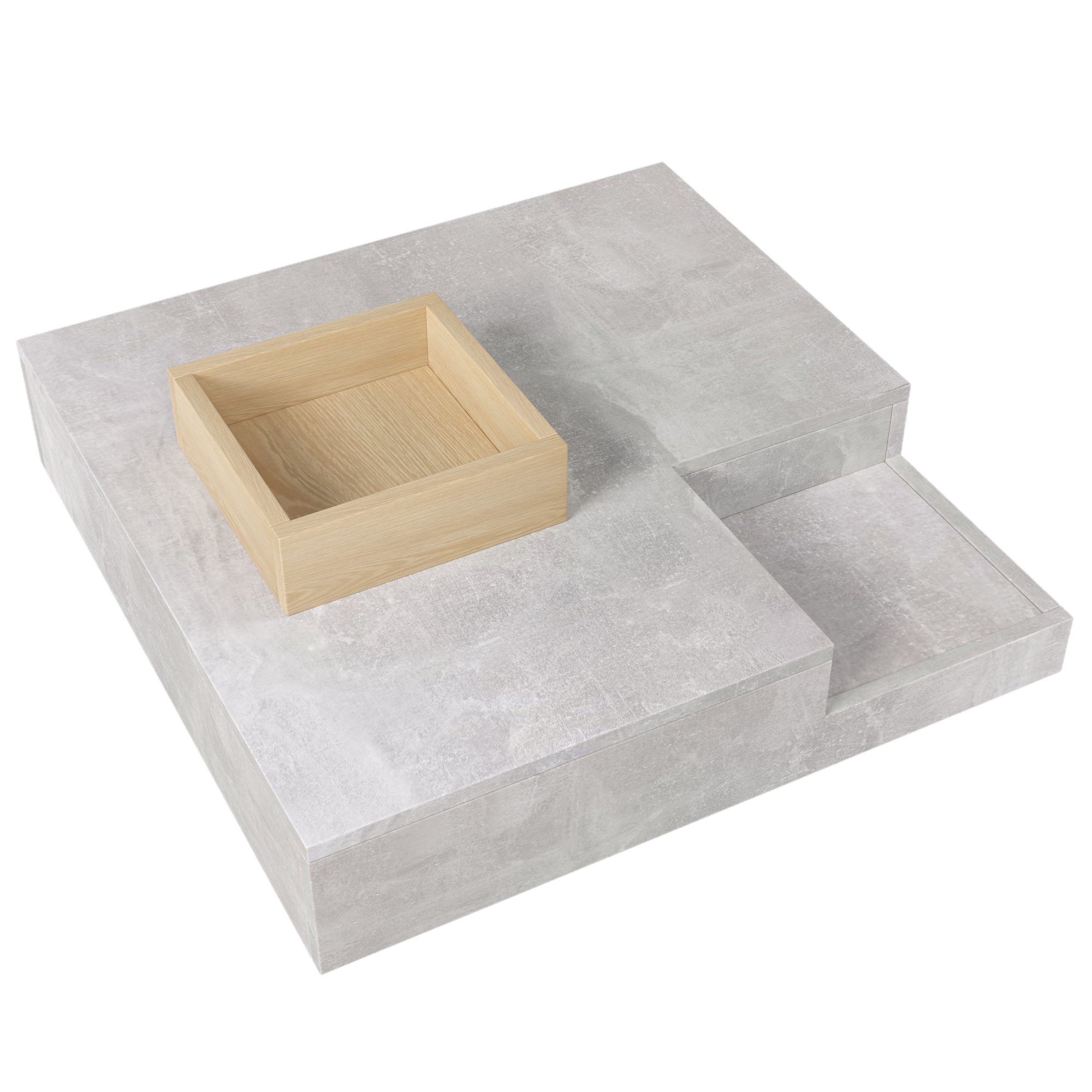 Wohnzimmertisch OKWISH Beistelltisch herausnehmbarer Betongrau Couchtisch mit Aufbewahrungsbox, 72*72*30 cm. Holzfarbe, und
