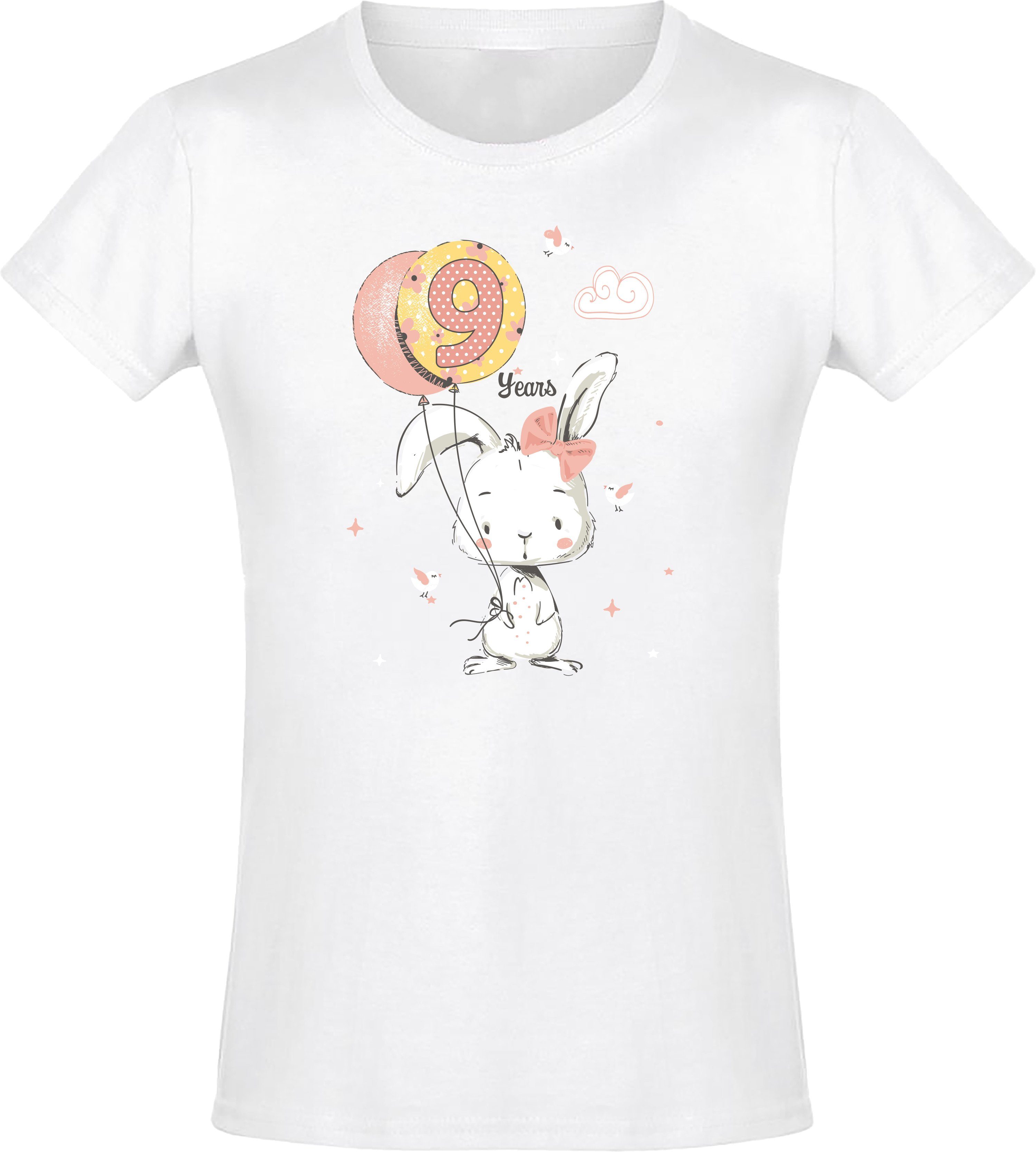 Baddery Print-Shirt Geburstagsgeschenk für Mädchen : 9 Jahre mit Hase hochwertiger Siebdruck, aus Baumwolle Weiß