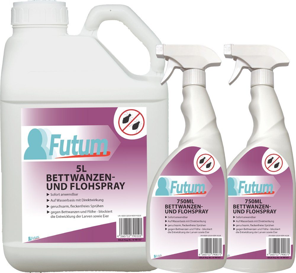 FUTUM Insektenspray Anti-Bettwanzen-Spray Floh-Mittel / Langzeitwirkung 6.5 geruchsarm, l, auf mit ätzt brennt Ungeziefer-Spray, Wasserbasis, nicht