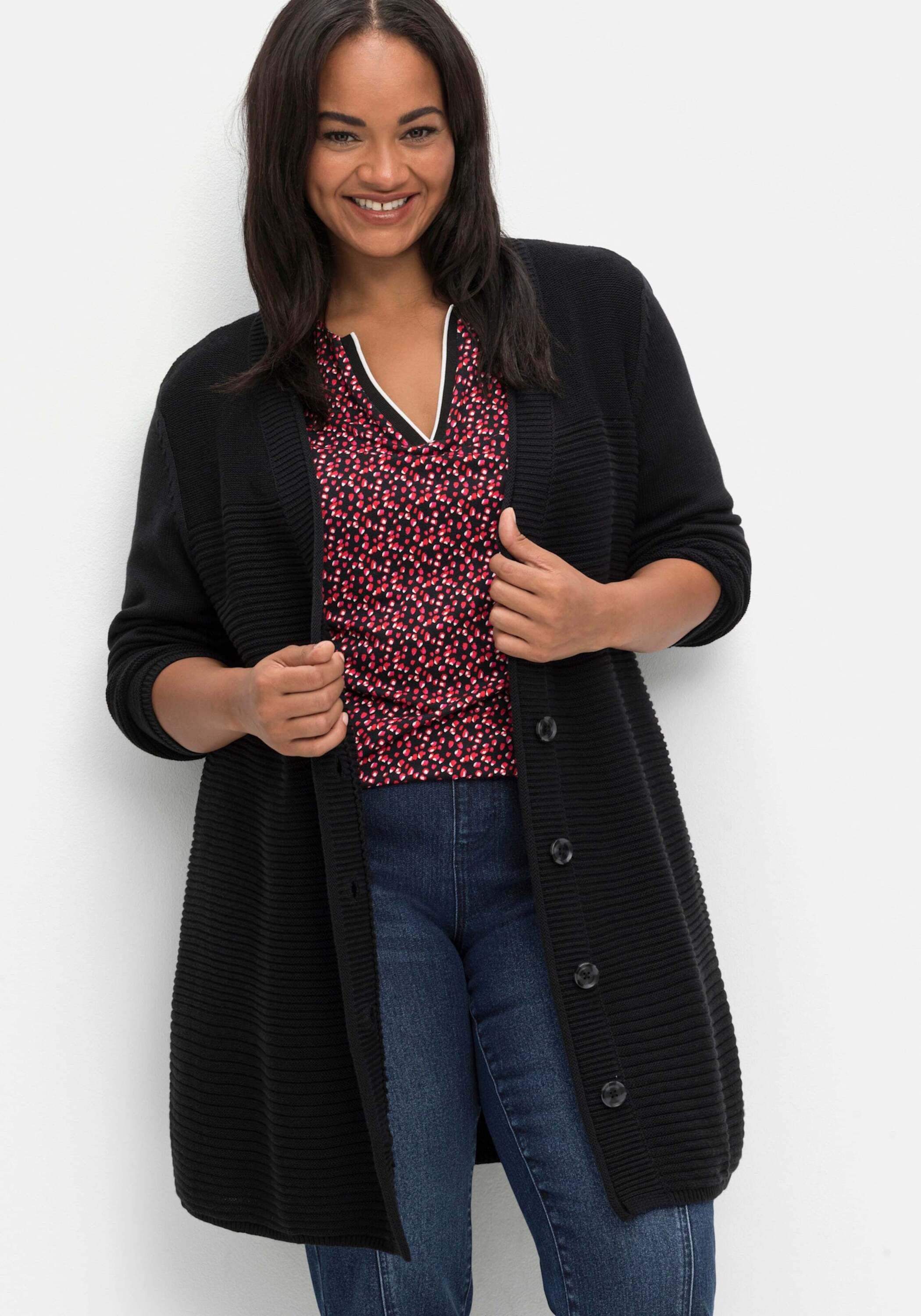 Sheego Strickjacke Longstrickjacke Langarm im Strukturmix, mit V-Ausschnitt
