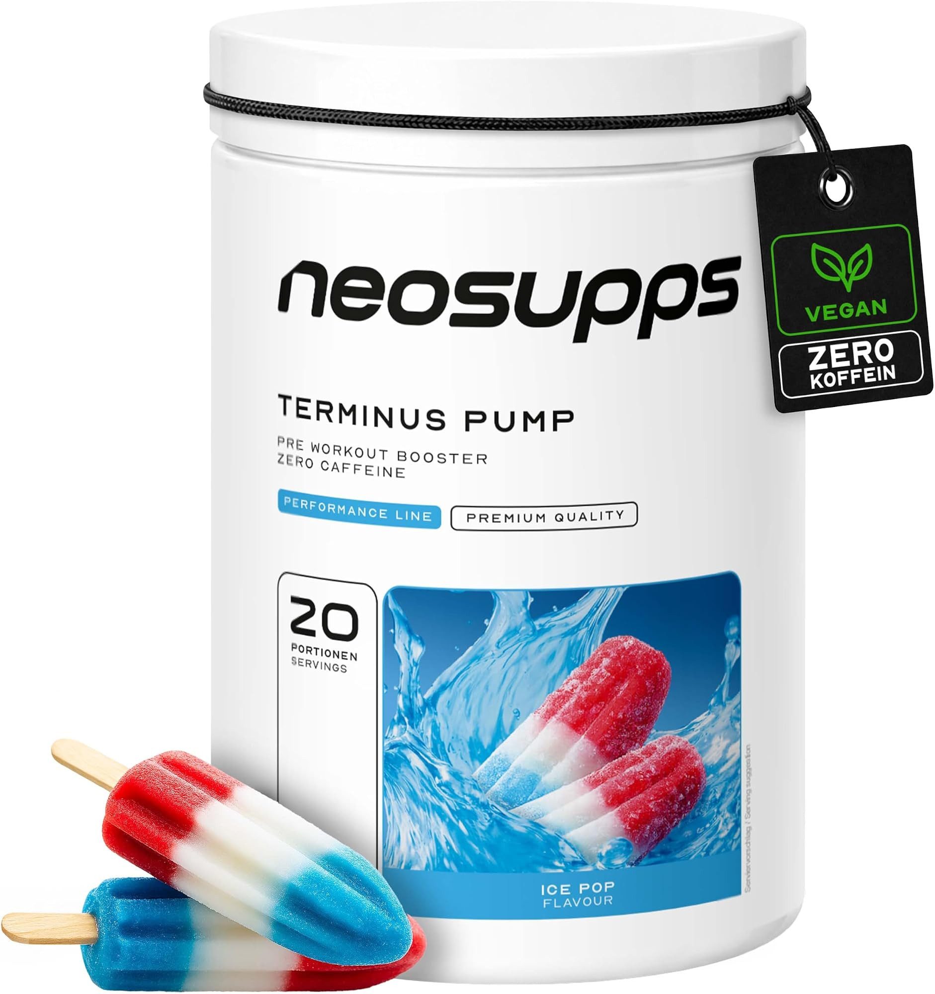 Neosupps Terminus PUMP XXL Ice Pop 540g, Pre Workout Booster ohne Koffein Pulver, 540 g, Pump & Fokus, geprüfte Qualität, 8.000 mg L-Citrullin, Vegan
