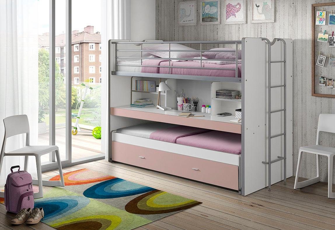 Vipack Hochbett Bonny, mit 3 Schlafgelegenheiten, super praktisch im Kinderzimmer (B/H/T ca. 222x161x102cm, Dekor Oberfläche, in verschieden Farben) mit großer Schreibplatte, Regalfächern, viel Funktion auf kleinem Raum
