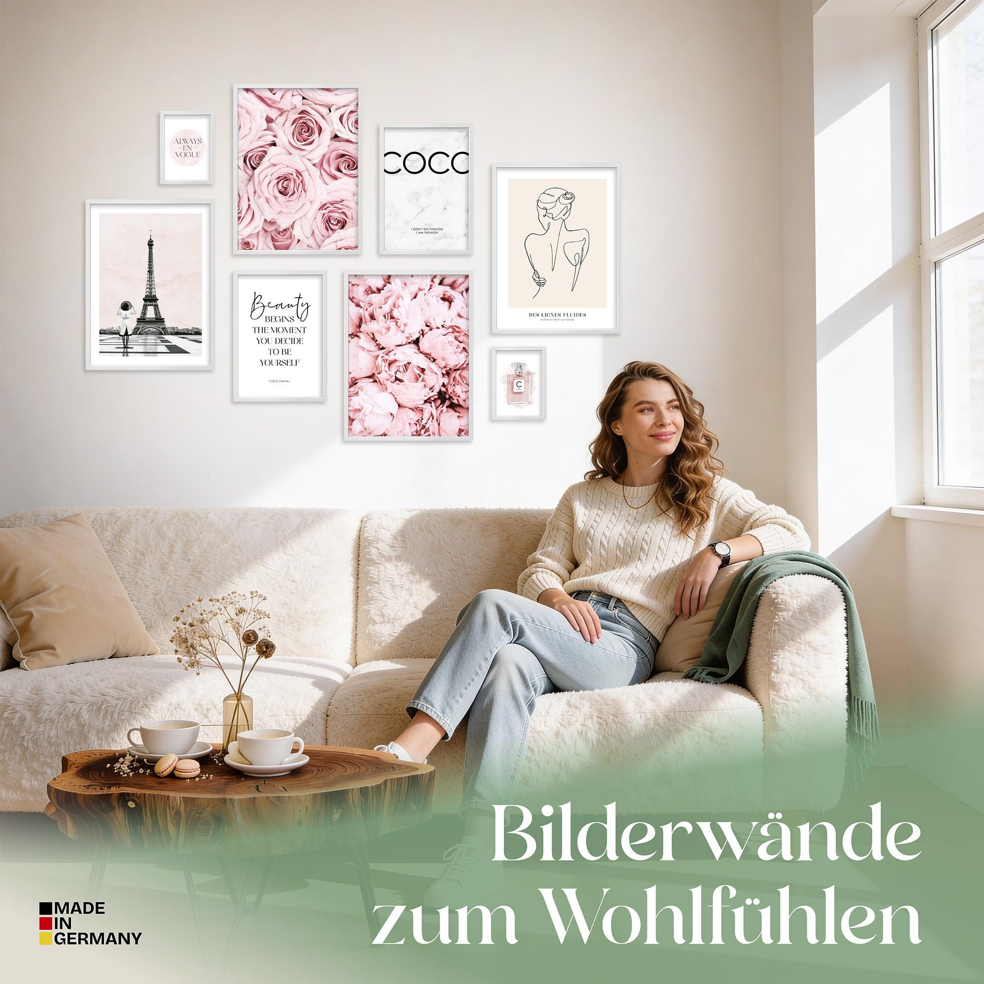 ARTFAVES Bilder-Collage Poster Set Coco Rose I mehrteilige Bilderwand I Wandbilder Rosa, (Wandbilder modern, 8 St)